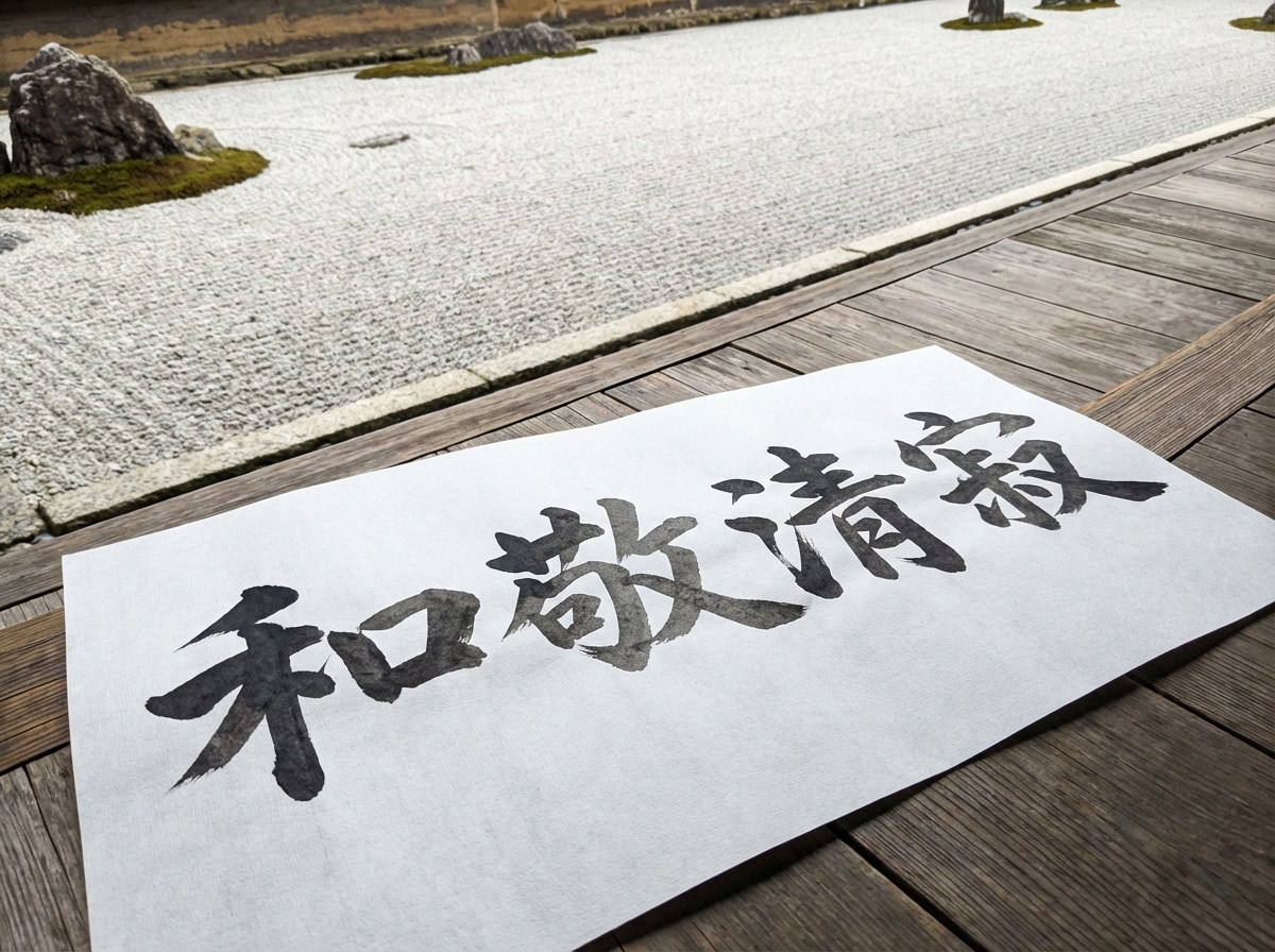 图中展示了一个宁静的日式枯山水庭院场景。画面前景是一张平铺在木质走廊上的白色宣纸，上面用黑色毛笔书写着四个汉字。背景是典型的禅宗庭院，铺满了细密的浅灰色砂石，砂石上耙出的纹理清晰可见，几块点缀着绿色苔藓的岩石错落有致地分布其中。整体色调偏冷，以灰、白、木色为主，营造出一种肃穆、清幽的氛围。

然而，画面中存在明显的 AI 生成缺陷：最显著的是宣纸上的书法文字，虽然看起来像汉字，但字形结构扭曲且不规范，属于无法准确辨认的“伪汉字”，笔画转折处显得生硬且逻辑混乱。此外，前景木地板的纹理与宣纸边缘的衔接处略显模糊，宣纸仿佛悬浮在木板之上，缺乏真实的重力压痕感。背景中远处的墙壁和石块细节也存在一定的透视扭曲和纹理重复现象。