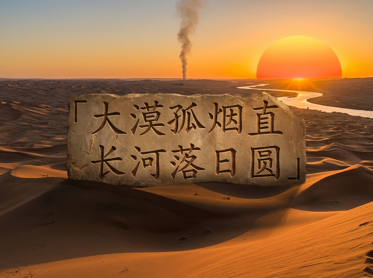 图中展现了一幅壮丽的沙漠落日景观，旨在还原诗句“大漠孤烟直，长河落日圆”的意境。画面中央是一块巨大的、质感粗糙的浅褐色石碑，上面刻有上述两句诗的繁体中文字样。背景是连绵起伏的金色沙丘，在夕阳的照射下呈现出深浅不一的阴影。远方地平线上，一缕细长的灰色孤烟垂直升起；右侧有一条蜿蜒的河流，河面反射着金光。一颗巨大的、火红的圆日正悬在河面尽头，将天空染成了橙黄色。

画面中存在明显的 AI 生成缺陷：首先是透视逻辑异常，巨大的石碑仿佛悬浮在沙丘之上，缺乏自然的阴影衔接和重力感；其次是光影矛盾，画面中出现了两个太阳般的光源，一个是巨大的红日，另一个是其下方河面交接处异常耀眼的白色光点；此外，石碑上的文字虽然清晰，但笔画边缘略显生硬，且石碑左侧边缘的裁剪痕迹不够自然，与背景环境融合度较低。