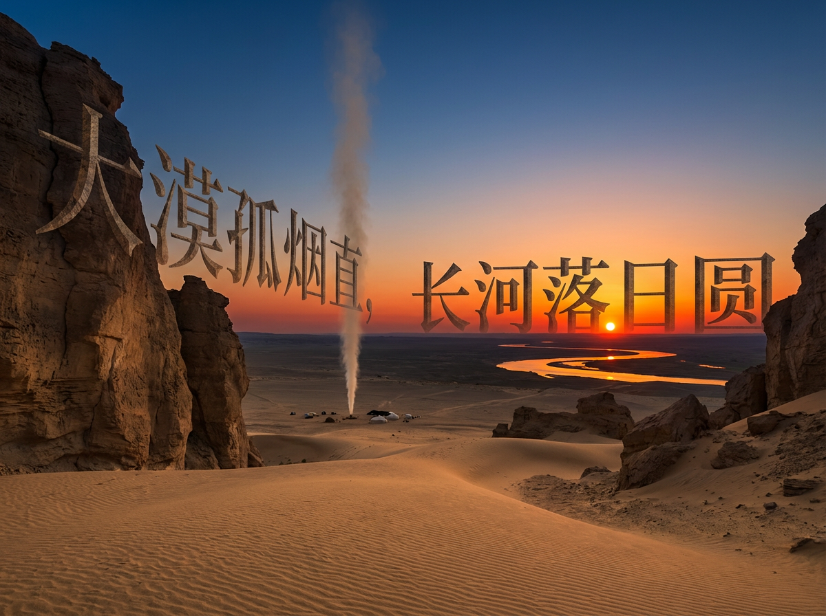 图中展现了一幅壮丽的大漠落日景象。画面前景是起伏的土黄色沙丘和两侧陡峭的红褐色岩石，构成了自然的边框。远方地平线上，一轮火红的圆日正缓缓落下，将天空染成深蓝到金橙色的渐变。一条蜿蜒的河流在余晖下闪烁着金光，伸向远方。画面中央，一股细长的烟柱笔直地升向天空，下方散落着几座白色的小帐篷。画面上方横跨着巨大的半透明艺术字“大漠孤烟直，长河落日圆”。

在 AI 生成的细节方面，存在一些明显的逻辑缺陷：画面中的“孤烟”并非自然的烟雾，其质感更像是一根从地面喷射而出的固态沙柱或水柱，且底部与帐篷的比例失调。文字部分虽然清晰，但“落”字和“日”字的笔画结构略显生硬，与背景的融合处存在不自然的透视重叠。此外，河流的倒影与太阳的实际位置在物理光学上并不完全吻合，呈现出一种超现实的人工合成感。