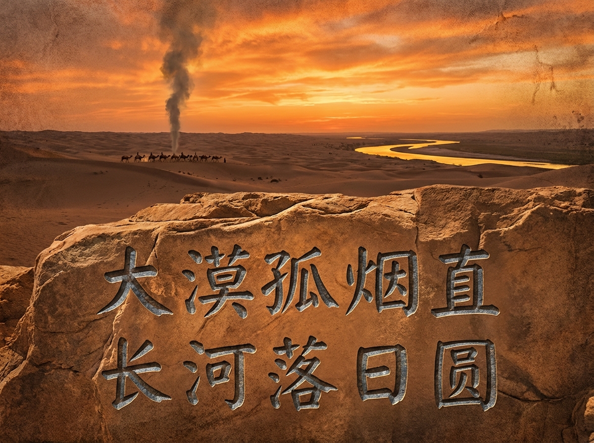 图中展现了一幅壮阔的沙漠落日景象，意在还原王维的名句意境。画面前景是一块巨大的土黄色岩石，上面刻有两行深灰色的隶书体汉字：“大漠孤烟直，长河落日圆”。中景处，连绵起伏的沙丘在夕阳下呈现出深浅不一的褐色，左侧有一道笔直升起的黑色烟柱，烟柱旁是一队正在行进的小型骆驼商队；右侧则有一条蜿蜒的河流，河面反射着金色的阳光。远景是火红的晚霞，太阳已接近地平线，将天空染成了浓郁的橙红色。

在 AI 生成细节方面，画面存在明显的逻辑与视觉缺陷：首先，岩石上的刻字虽然清晰，但部分笔画结构略显生硬，且文字像是悬浮在岩石表面而非自然雕刻。其次，左侧的“孤烟”虽然垂直，但顶部的烟雾消散效果显得有些突兀，与自然风向不符。最明显的错误在于，虽然文字提到了“落日圆”，但画面背景中并没有出现圆形的太阳实体，仅有地平线处的亮光。此外，骆驼商队的比例极其微小，且形态较为模糊，缺乏真实的细节质感。