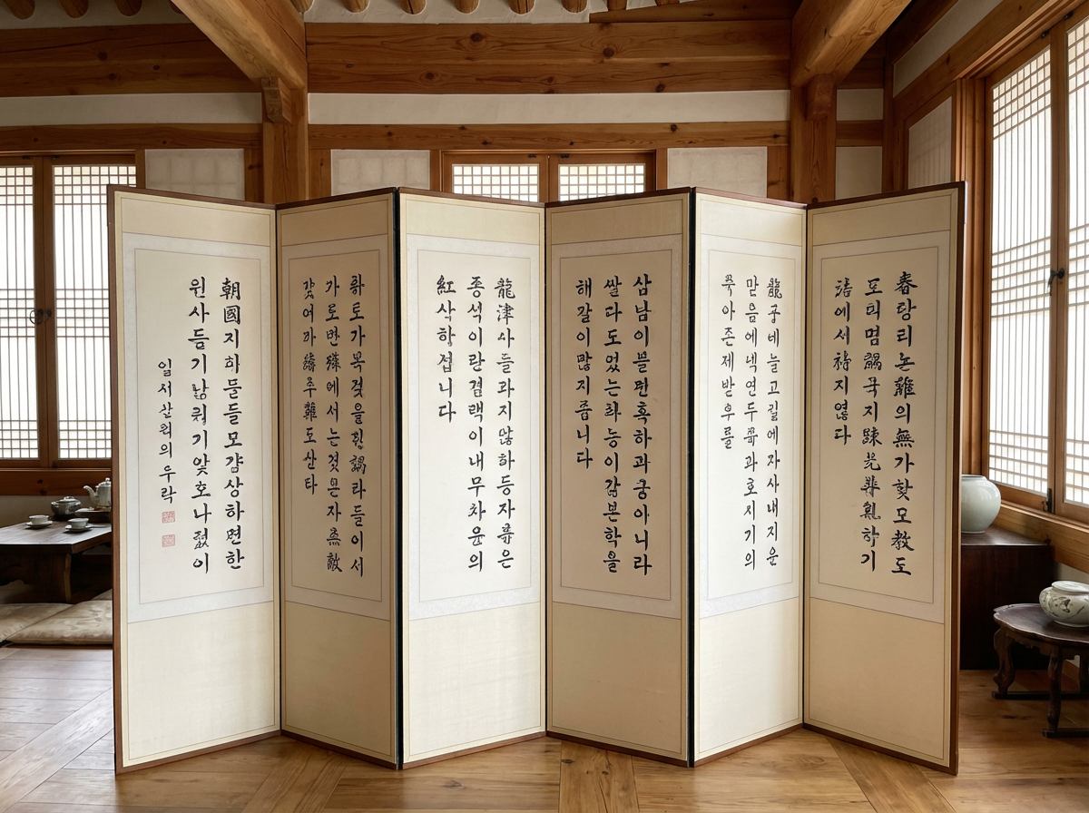 画面中展示了一个充满传统韩式建筑风格的室内场景。视觉中心是一扇由六片组成的折叠屏风，屏风呈米白色，每片上都书写着黑色的韩文书法，并带有红色的印章。背景是一个全木结构的房间，拥有浅色的木质地板、横梁和立柱，阳光透过带有细密木格栅的韩式纸窗（韩屋窗户）洒入室内，营造出明亮且宁静的氛围。左侧背景隐约可见一张低矮的茶几和茶具，右侧则摆放着陶瓷器皿。

作为一张 AI 生成的图片，画面存在明显的逻辑与细节缺陷：最显著的问题在于屏风上的韩文字体，虽然看起来像书法，但仔细观察会发现许多字符是扭曲、破碎或无意义的笔画堆砌，并非真实的韩文。此外，屏风底部的折叠逻辑与地面的接触点透视略显生硬，左侧背景中的茶具轮廓模糊，缺乏真实的材质感，整体光影虽然柔和，但在物体交接处显得有些不自然。