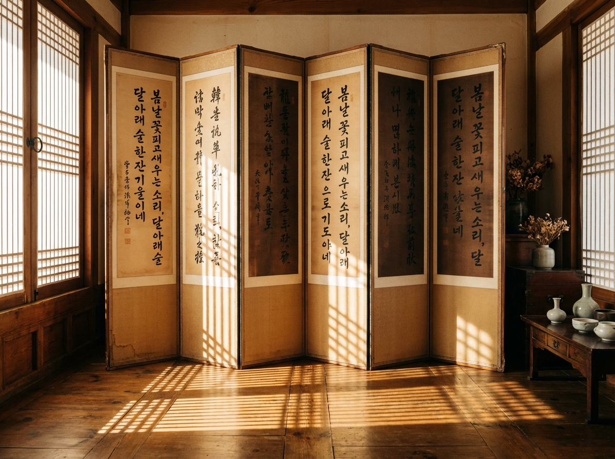 图中展示了一个充满古朴韵味的韩式传统室内空间。画面中心是一个六扇折叠屏风，屏风上书写着黑色的韩文书法，纸张呈现出温暖的米黄色。阳光穿过左侧的格子木窗，在木质地板和屏风上投射出清晰的长条状阴影，营造出宁静、祥和的午后氛围。房间右侧摆放着深色的木质案几，上面散落着几件白色的陶瓷茶具和干花花艺。整体色调以温暖的棕色、木色和米色为主，构图平衡且具有纵深感。

在 AI 生成的细节方面，存在一些明显的逻辑缺陷：首先，屏风上的韩文书法存在重复现象，第一扇、第四扇和第六扇的内容几乎完全一致，且部分文字笔画模糊，属于典型的 AI 文本生成错误。其次，屏风底部的折痕与地面接触的位置显得有些生硬，缺乏真实的重力感。右侧案几上的陶瓷器皿形状略显不规则，且背景中干花的枝干结构有些杂乱，不符合自然生长逻辑。