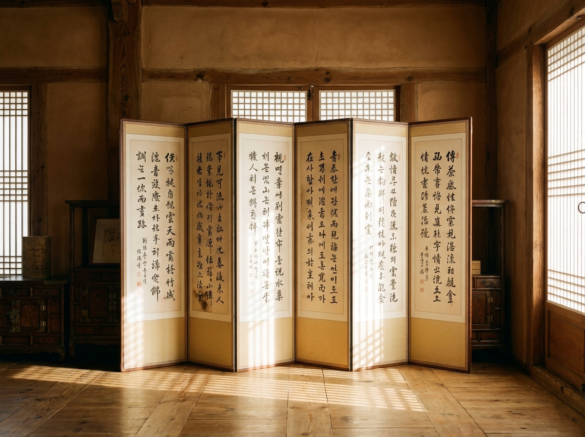 图中展示了一个充满古朴气息的韩式传统室内空间。房间以温暖的木质色调为主，地面铺着宽阔的木地板，阳光透过右侧和后方的格子纸窗洒入，在地面和屏风上留下斑驳的矩形光影。画面的中心是一扇六折屏风，每扇屏风上都绘有精美的书法作品。背景中可以看到古旧的木制家具和土黄色的墙壁，营造出一种宁静、沉思的氛围。

然而，作为一张 AI 生成的图片，画面中存在明显的逻辑错误。最显著的问题在于屏风上的文字：虽然远看像是汉字或韩文书法，但仔细观察会发现这些字符大多是无意义的乱码，笔画结构扭曲且不符合任何真实语言的规范。此外，屏风底部的光影投射与窗户的位置在透视逻辑上略显生硬，左侧暗处的家具细节也显得有些模糊和结构不连贯。