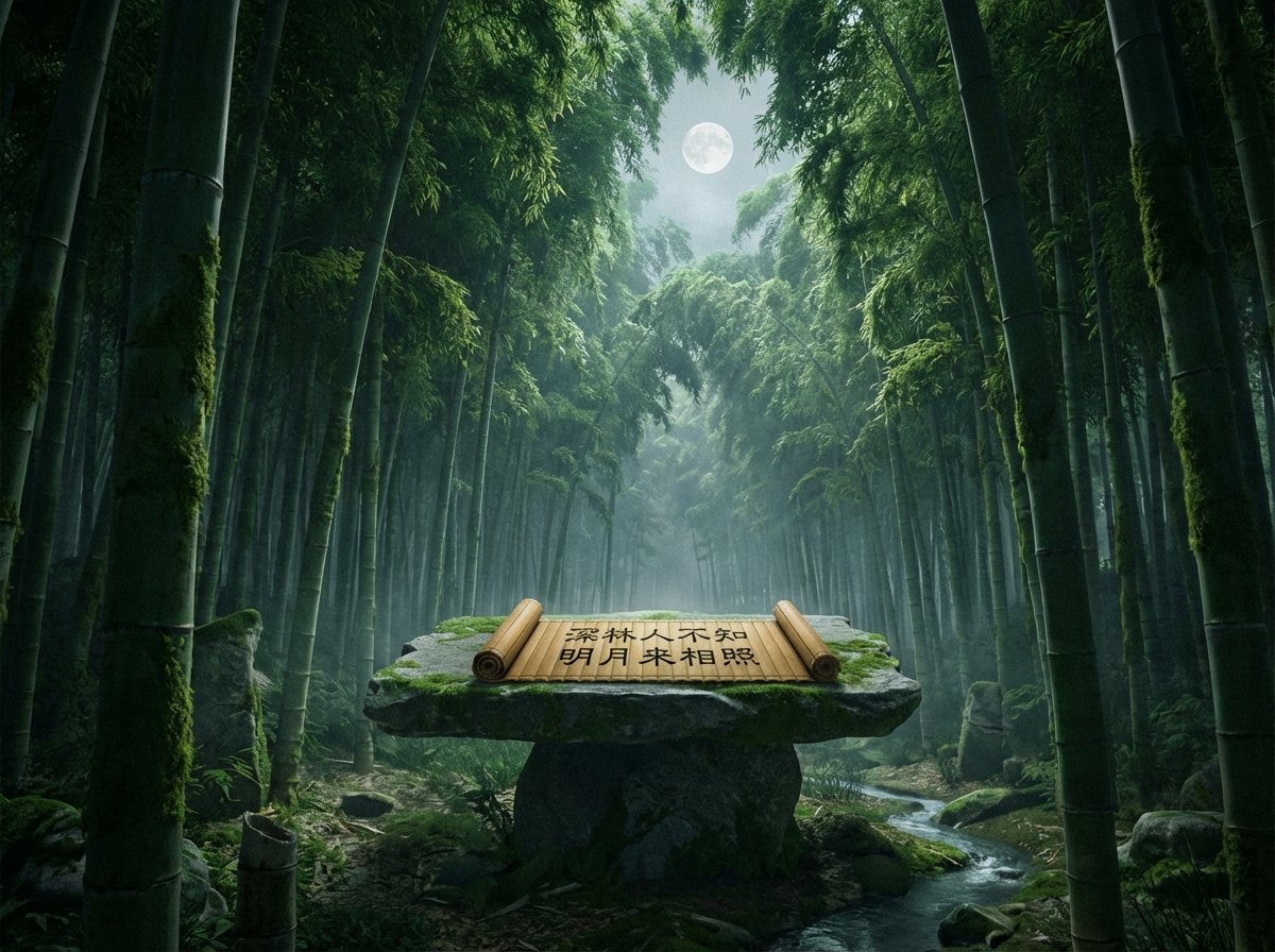 图中展现了一幅静谧的深夜竹林景观。画面中心是一块巨大的平坦青石，石上铺展着一卷竹简，其上写有黑色的简体中文字符“深林人不知，明月来相照”。背景是茂密参天的翠绿竹林，竹竿笔直，部分树干上覆盖着苔藓。林间弥漫着淡淡的白雾，一条清澈的小溪从石头右侧流过。天空中挂着一轮圆润的明月，柔和的月光穿透竹叶缝隙洒下。构图采用对称式布局，营造出幽静的意境。在 AI 生成的细节方面，存在明显的逻辑缺陷：竹简上的文字虽然清晰，但字体风格现代，且文字是直接浮在竹简纹理之上的，缺乏真实的刻画或书写感；此外，竹简两端的卷轴结构显得生硬，与竹片连接处缺乏合理的物理衔接。右下角的小溪流向与地形结合略显突兀，竹林的透视关系在远景处显得过于密集且缺乏层次感。