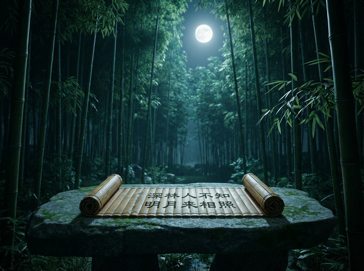 图中展现了一个宁静而幽深的竹林夜晚场景。画面中心是一块带有青苔的平整石台，石台上铺展着一卷古朴的竹简，上面印有黑色的简体中文字“深林人不知，明月来相照”。背景是密集的翠绿竹林，竹竿笔直挺拔，向画面上方延伸。一轮明亮的满月悬挂在竹林上方的夜空中，散发出清冷的白光，照亮了林间的薄雾，营造出一种清幽、孤寂的意境。整体色调以深绿、墨蓝和冷白为主，光影对比鲜明。在 AI 生成的细节方面，存在明显的逻辑缺陷：竹简上的文字像是悬浮在表面而非刻印或书写在竹片上，且文字排列略显僵硬，忽略了竹简缝隙的物理结构。此外，石台左侧的竹竿在接近地面处显得有些模糊，与周围环境的透视衔接不够自然，右侧卷起的竹简边缘纹理也显得过于规整，缺乏真实的木质随机感。