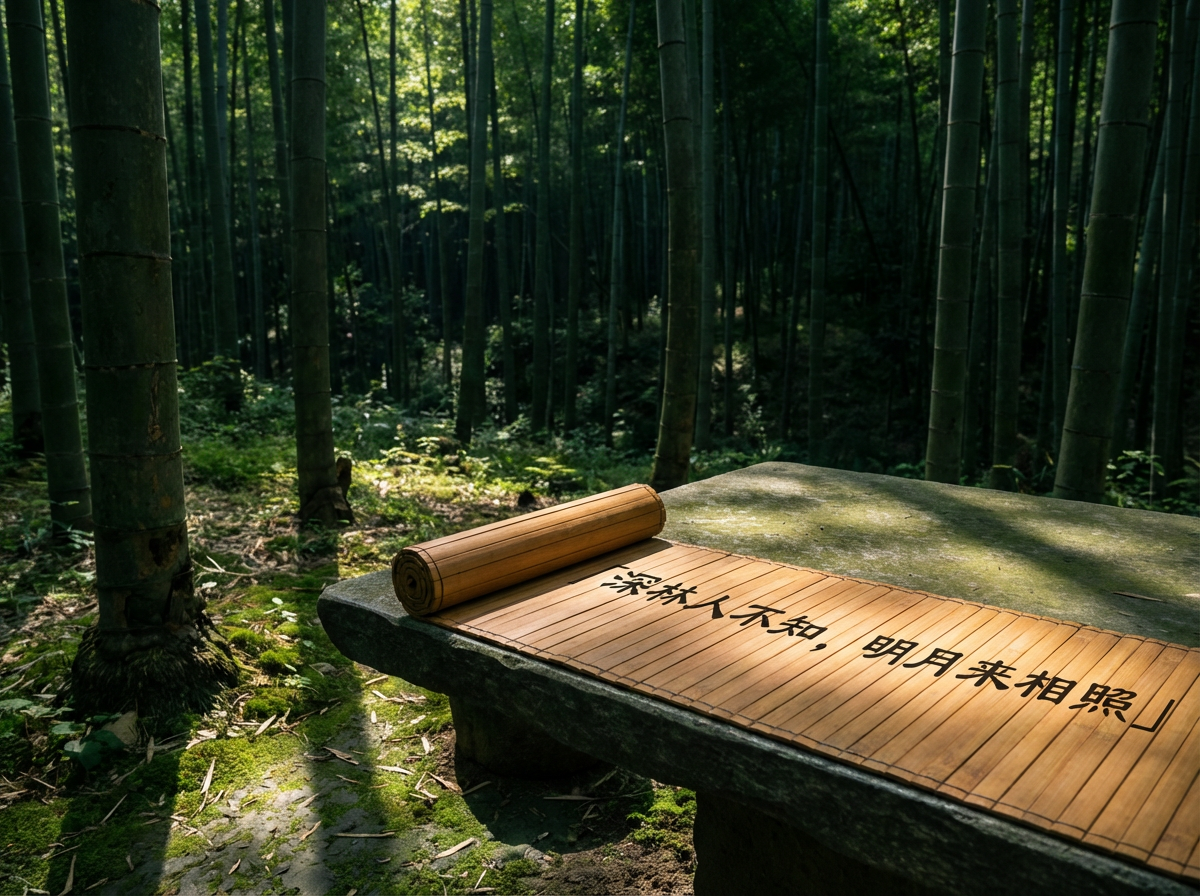 图中展现了一片宁静幽深的竹林，阳光穿过茂密的竹叶缝隙，在布满青苔的地面上投下斑驳的光影。画面前景是一张粗粝的石桌，桌上铺展着一卷古朴的棕褐色竹简。竹简上用黑色隶书字体写着王维的诗句：“深林人不知，明月来相照”。整体色调以深绿和土木色为主，营造出一种禅意深远的氛围。

作为一张 AI 生成的图片，画面中存在一些明显的逻辑与视觉缺陷：首先，竹简上的文字排版异常，文字是横向排列的，而传统竹简应为纵向书写，且文字跨越了竹片的缝隙，显得不够真实；其次，石桌右侧的边缘线条略显生硬，与背景竹林的衔接处透视略有不自然；最后，竹简左侧卷起部分的厚度与展开部分的比例不完全匹配，且部分光影的投射方向与背景林间的自然光源不完全一致。