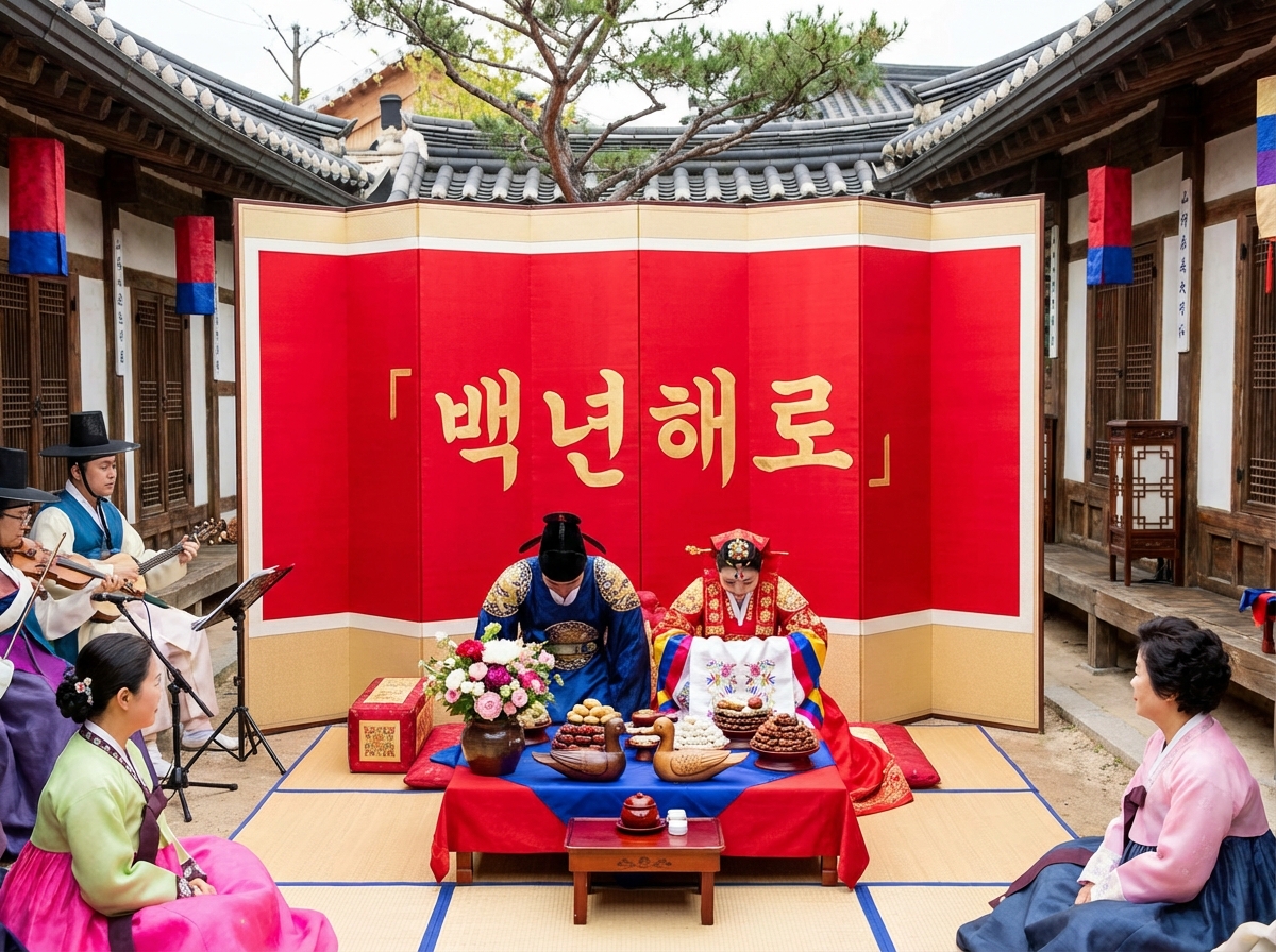 图中展示了一场在韩式传统庭院中举行的婚礼仪式。画面中心，一对身着华丽韩服的新人正低头行礼，新郎穿着蓝色官服，新娘穿着红黄相间的礼服。他们面前摆放着一张铺有红蓝桌布的小桌，上面供奉着木雕鸳鸯、花卉和各式传统糕点。背景是一扇巨大的红色屏风，上面写着金色的韩文“百年偕老”。两侧坐着几位身穿韩服的宾客，左侧还有两名乐师正在演奏乐器。

画面呈现出浓郁的民俗色彩，红、蓝、黄等高饱和度颜色对比鲜明。然而，图中存在明显的 AI 生成缺陷：左侧乐师手中的乐器结构混乱，像是小提琴与传统乐器的怪异结合，且琴弓与手部的衔接极不自然；新娘的头饰细节模糊且左右不对称；屏风上的韩文字体笔画略显生硬，边缘有虚化现象；背景建筑的屋檐线条在交汇处显得有些扭曲，缺乏真实的透视逻辑。