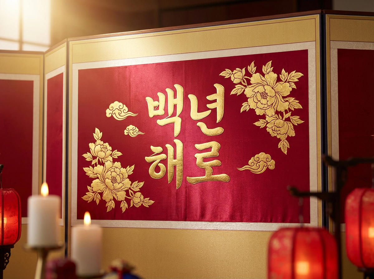 图中展示了一个具有传统东亚婚礼风格的室内场景。画面中心是一扇华丽的折叠屏风，屏风主体为金色边框，中心嵌有红色绸缎质感的面板。红色面板上印有四个醒目的金色韩文字符“백년해로”（意为“百年偕老”），文字周围点缀着金色的牡丹花纹和祥云图案。画面前景分布着点燃的白色粗蜡烛和透着红光的灯笼，营造出温馨且喜庆的氛围。左上角有柔和的自然光洒入，增强了画面的立体感。在 AI 生成的细节方面，屏风最左侧的折叠处透视略显生硬，红色面板边缘的白色包边在转角处衔接不够自然。此外，右下角红灯笼的支架结构模糊，缺乏明确的物理支撑逻辑，且部分背景元素的边缘存在轻微的虚化重影。