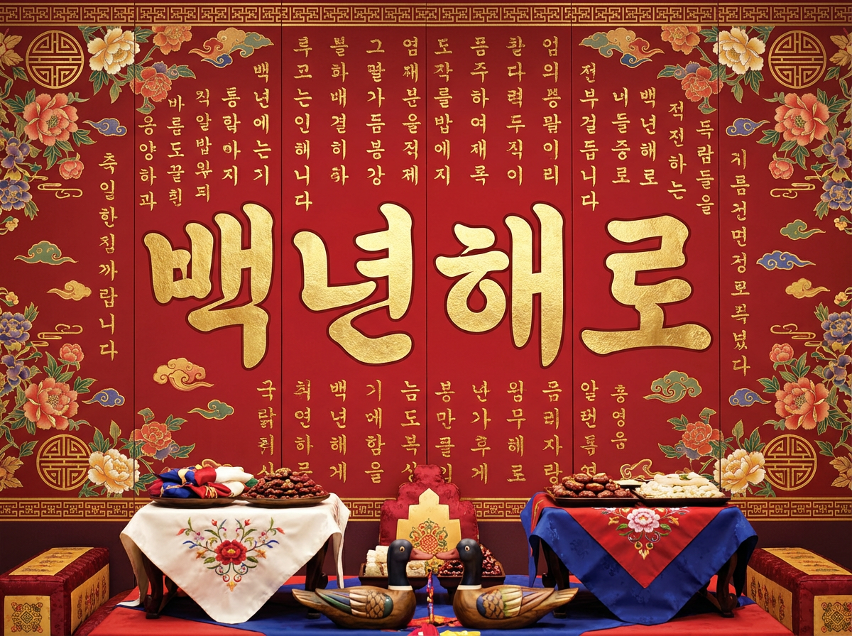 图中展示了一个充满韩国传统婚礼风格的室内场景。背景是一扇巨大的深红色屏风，上面装饰着金色的韩文书法、色彩鲜艳的牡丹花纹和祥云图案。画面中央有四个巨大的金色韩文字符，寓意“白头偕老”。屏风前方摆放着两张铺有精美刺绣桌布的小木桌，桌上盛放着红枣、韩式点心等传统婚礼食品。两桌之间有一对木制的彩绘鸳鸯，象征夫妻恩爱。整体色调以大红、金黄和深蓝为主，营造出喜庆而庄重的氛围。

在 AI 生成的缺陷方面，最明显的错误在于文字。虽然背景布满了韩文字符，但仔细观察可以发现，许多小字笔画混乱，属于无法辨认的“伪文字”，并非真实的韩语表达。此外，屏风边缘的几何边框纹样在衔接处出现了断裂和不对称，部分花卉图案的边缘略显模糊，桌布上的刺绣纹理在阴影处也存在透视不一致的现象。