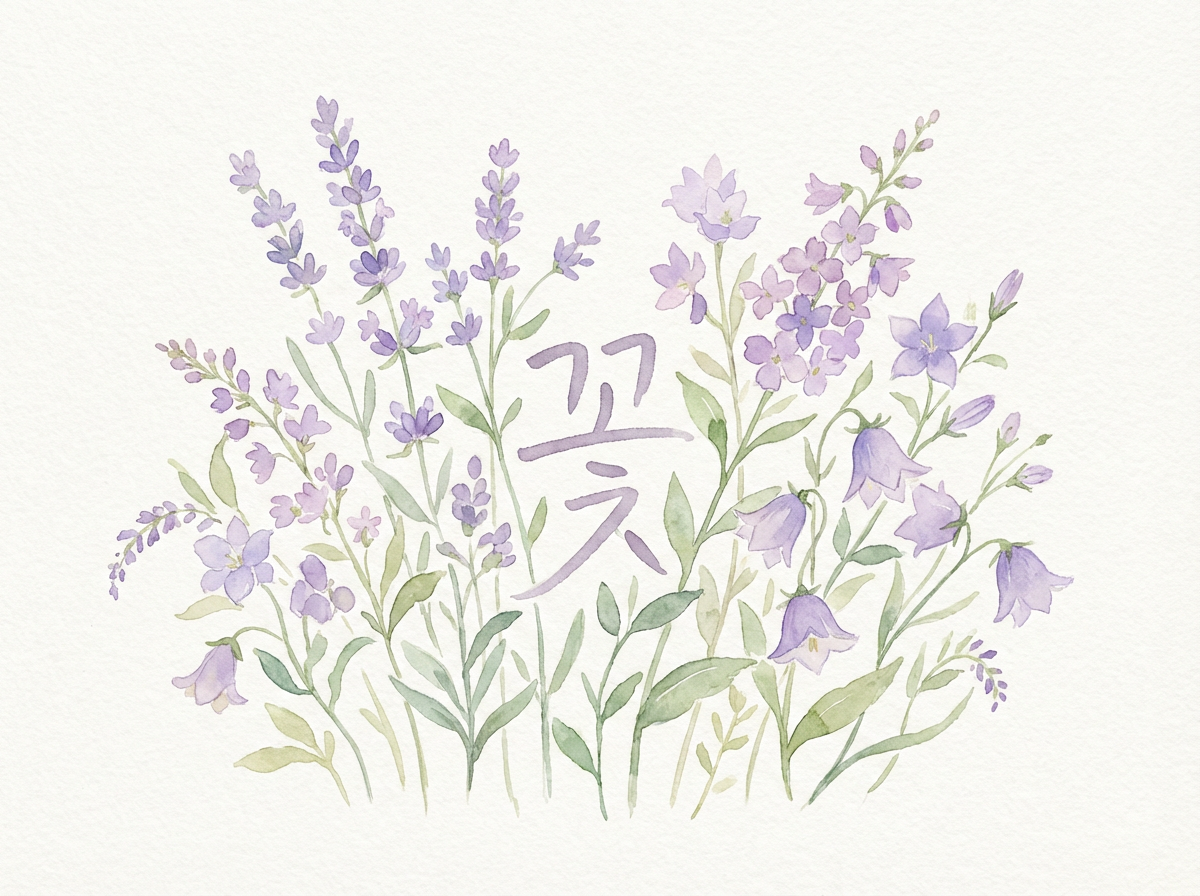 画面中呈现的是一幅清新简约的水彩画，背景是带有粗糙纹理的米白色画纸。画面中央簇拥着多种紫色调的花卉，包括长串的薰衣草、星形的桔梗花以及垂吊的小铃兰。这些花朵使用了淡紫色、丁香紫和浅蓝紫色，搭配着嫩绿色和灰绿色的枝叶，整体色调柔和、通透，给人一种宁静、优雅的感觉。在花丛的正中心，用淡紫色的水彩笔触书写了一个韩文字符“꽃”（意为“花”），文字与周围的花草自然融合。

从 AI 生成的角度观察，画面存在一些逻辑上的小瑕疵：部分花茎的生长方向略显生硬，有些叶片直接从花瓣中穿出，缺乏自然的生长连接。右下角的一串紫色小花穗在末端出现了模糊和断裂感，且部分花朵的结构过于简化，缺乏真实植物的解剖细节。尽管如此，整幅画作在构图上平衡感良好，成功营造了手绘水彩的艺术氛围。