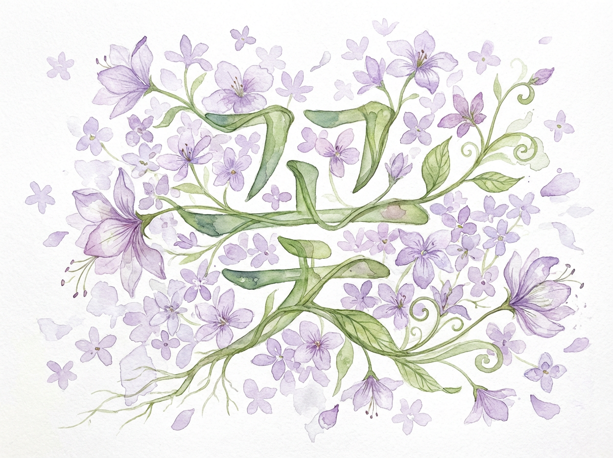 图中展示了一幅清新淡雅的水彩画，整体色调以柔和的淡紫色和草绿色为主。画面中心是由绿色藤蔓和枝叶巧妙构成的汉字“春天”，字体风格圆润且具有植物的生长感。在文字周围，簇拥着大量深浅不一的紫色小花，有的像丁香，有的像百合，花瓣质感轻盈透明，仿佛带有水渍的晕染效果。背景是干净的纯白色，衬托出花卉的灵动。在 AI 生成的细节方面，存在一些明显的逻辑缺陷：部分花瓣与枝干的连接处显得生硬或悬空，缺乏自然的生长结构；左下角的枝条末端出现了杂乱且不规则的线条，像是未处理好的笔触残留；此外，虽然文字意图表达“春天”，但笔画的交叠处略显混乱，部分叶片的形状与透视关系不够严谨，呈现出一种超现实的堆砌感。