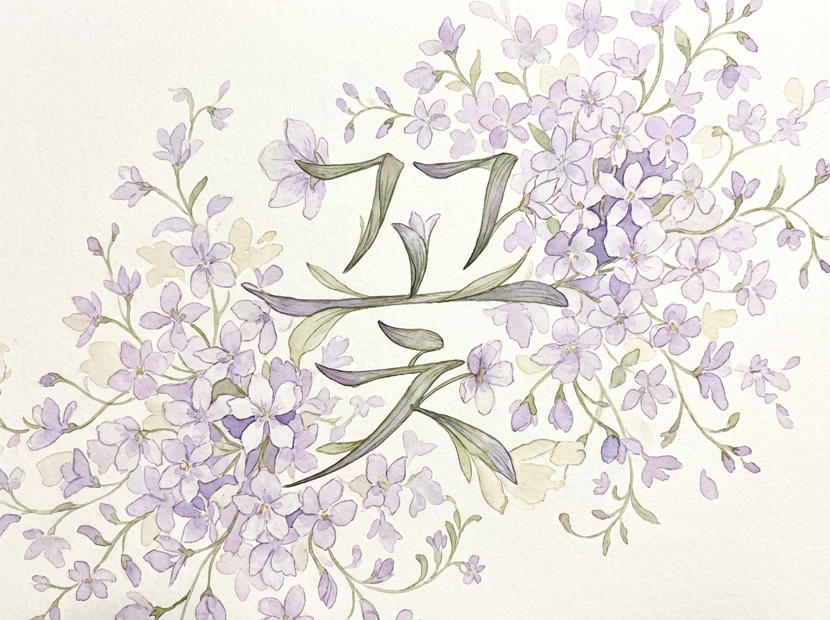 图中展示了一幅清新淡雅的水彩风格画作。画面中心是一个由植物枝叶构成的韩文字符“꽃”（意为“花”），字体的笔画被巧妙地替换成了带有纹理的淡紫色和草绿色叶片。字符周围簇拥着大量细碎的紫色小花，花瓣呈现出半透明的水彩质感，深浅不一的紫色与点缀其间的淡黄色花苞营造出一种柔和、梦幻的氛围。背景是带有纹理的米白色纸张感，构图呈对角线分布，花丛从左下角延伸至右上角，整体风格简约且富有艺术感。在 AI 生成的细节方面，可以观察到明显的逻辑缺陷：部分花瓣与枝蔓的连接处显得生硬或断开，字符“꽃”底部的笔画结构并不完整，且部分叶片的生长方向违背了自然规律，呈现出一种扭曲或融合的现象。此外，画面右侧的部分花朵轮廓模糊，与背景的界限不够清晰。