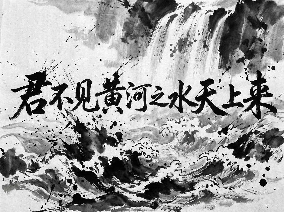 画面中呈现出一幅极具动感的黑白水墨画，描绘了波涛汹涌的黄河之水。构图上，背景右上角是一道倾泻而下的瀑布，水流笔触纵向延伸，带有浓重的墨点飞溅。画面中心横排书写着隶书风格的黑色大字：“君不见黄河之水天上来”。文字下方是翻腾的巨浪，运用了大量焦墨和枯笔，勾勒出浪花的卷曲与力量感，墨迹斑驳，富有视觉冲击力。整幅画作仅使用黑白两色，通过墨色的浓淡干湿表现出水的张力。

在 AI 生成的细节方面，存在明显的文字与图像融合异常：文字“君”和“黄”的笔画与背景的墨迹飞溅过度纠缠，导致字体边缘出现了不自然的锯齿状突起。此外，文字的排列并非完全水平，且部分笔画（如“天”字）的粗细比例与传统书法规范略有出入。背景瀑布的源头处缺乏合理的透视逻辑，看起来像是直接从纸张边缘凭空产生，而非来自远方的山峦。