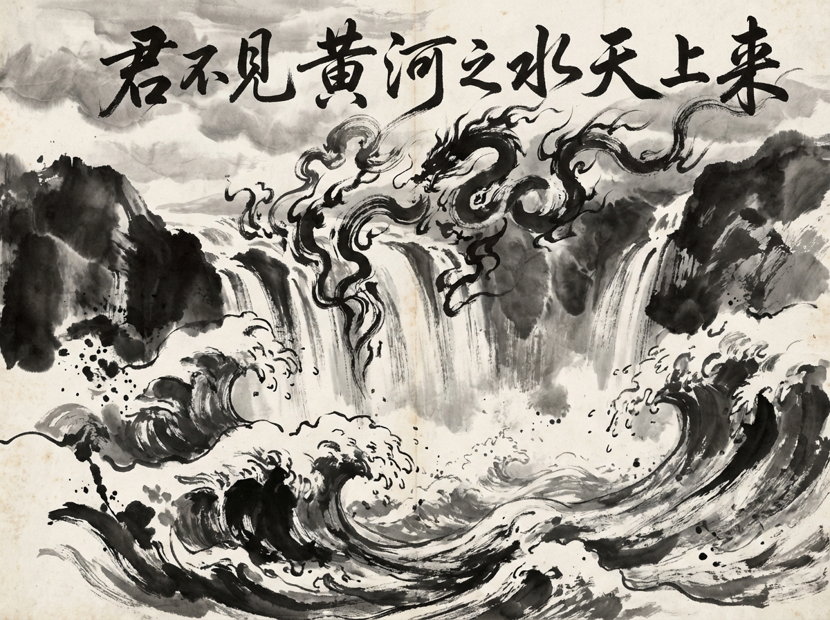 画面中呈现的是一幅具有中国传统水墨画风格的作品，描绘了波涛汹涌的黄河奇景。画面上方横排书写着黑色行草字体“君不见黄河之水天上来”，笔触苍劲。构图中心是一条由水汽与墨色幻化而成的巨龙，正盘旋在壮丽的瀑布群上方，龙身线条扭曲灵动，仿佛与奔腾的水流融为一体。两侧是浓墨渲染的险峻山石，下方则是激荡翻滚的巨浪，浪花以留白和细碎的墨点表现，极具动感。整体色调以黑、白、灰为主，纸张带有淡淡的古旧黄色。画中的 AI 生成痕迹较为明显：顶部的书法文字虽然字形大致可辨，但部分笔画连接处显得生硬且不符合书法逻辑；巨龙的身体结构模糊，缺乏清晰的爪部与鳞片细节，更像是一团不规则的烟雾；此外，画面中央有一条明显的垂直折痕，但两侧的笔触和水流纹理并未完全对齐，显示出拼接与合成的违和感。
