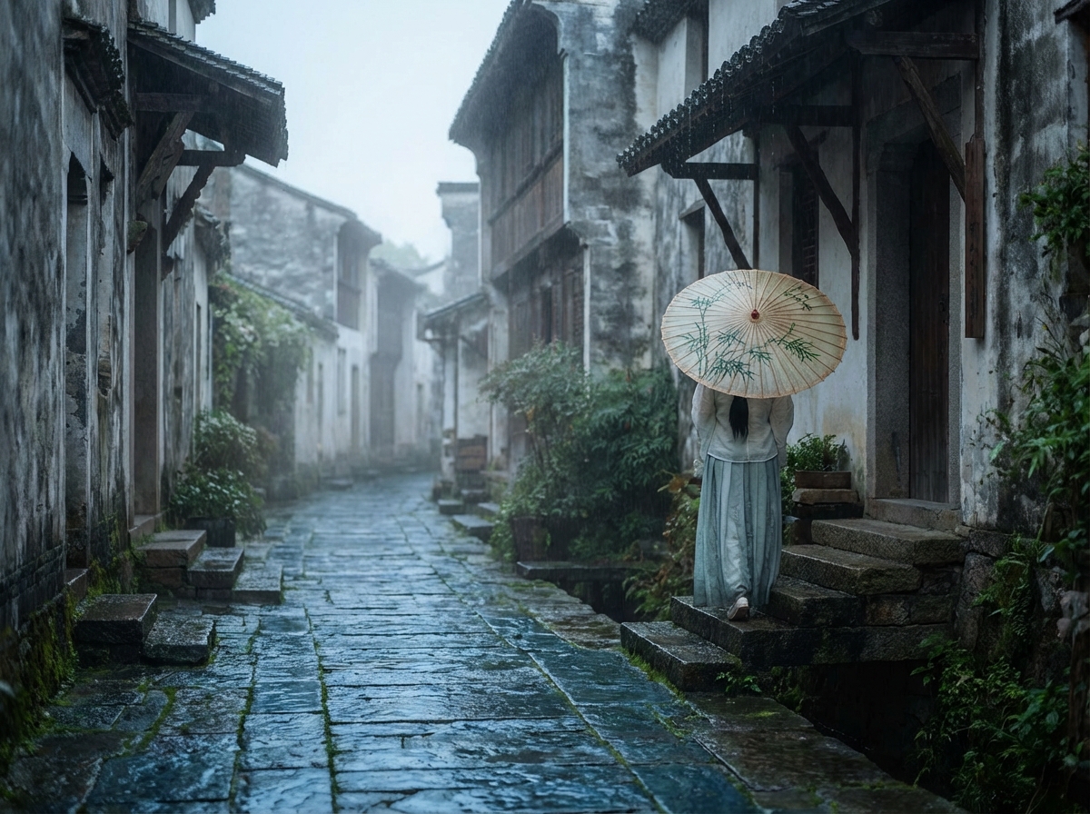 图中展现了一幅烟雨蒙蒙的江南水乡古镇街景。画面中心是一条由青石板铺就的长巷，雨水浸湿了地面，倒映出淡淡的冷光。街道两旁是典型的白墙黛瓦古建筑，墙面斑驳，透着岁月的沧桑感。在画面右侧，一位身着浅色古风长裙、背对镜头的女子正撑着一把绘有墨竹图案的油纸伞，站在石阶上准备步入屋内。整体色调以冷灰、墨绿和淡青为主，营造出一种宁静、忧郁而深远的意境。

在 AI 生成细节方面，画面存在一些逻辑和透视上的瑕疵。首先，女子右手撑伞的姿势显得生硬且不符合人体工程学，手部与伞柄的连接处模糊不清，似乎直接从袖口伸出。其次，右侧建筑的屋檐支撑结构与墙体的衔接显得杂乱，缺乏真实的建筑逻辑。此外，远景处的房屋轮廓在雾气中显得过于平滑，缺乏应有的纹理细节，石板路的缝隙在延伸至远处时也出现了透视上的轻微扭曲。