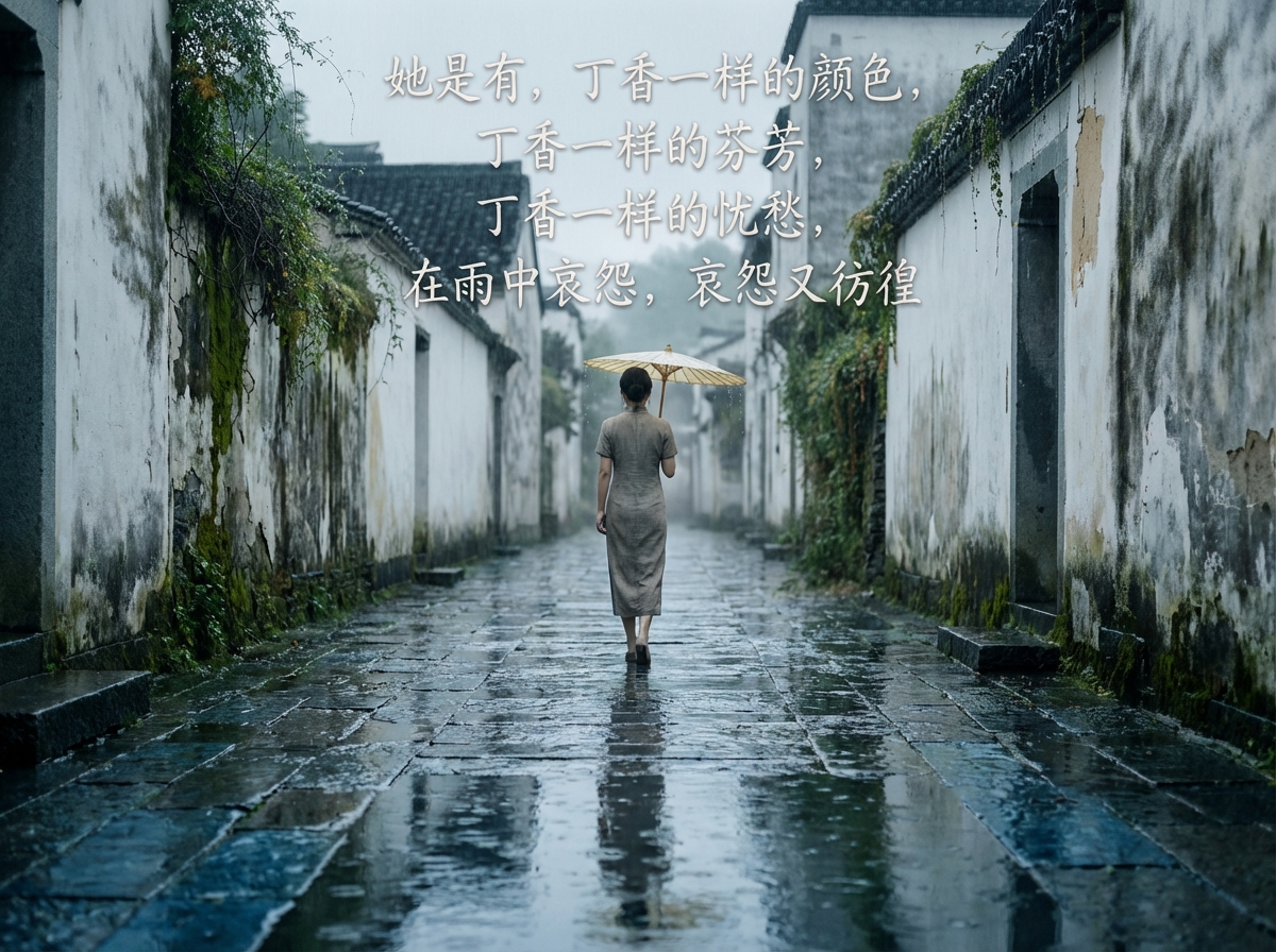 图中展现了一个充满江南韵味的雨天场景，致敬了戴望舒的诗作《雨巷》。画面中央是一位身着灰色旗袍、手持淡黄色油纸伞的女性背影，她正独自走在一条湿漉漉的青石板小巷中。巷子两侧是斑驳的白墙黛瓦，墙根处长满了翠绿的苔藓和垂下的藤蔓。色调偏冷，呈现出一种忧郁、静谧的氛围。画面上方浮现着诗句：“她是有，丁香一样的颜色，丁香一样的芬芳，丁香一样的忧愁，在雨中哀怨，哀怨又彷徨”。

在 AI 生成的细节方面，存在一些明显的逻辑缺陷：首先，女子的右手在撑伞时显得僵硬且结构模糊，指关节处理不自然；其次，石板路上的倒影与人物的实际位置略有偏移，且倒影中的腿部线条显得断裂；此外，远景处的房屋建筑在透视上略显扭曲，墙壁与地面的交界处过渡过于生硬，缺乏真实的光影遮蔽感。尽管如此，整体构图依然成功营造出了诗歌中的凄清意境。