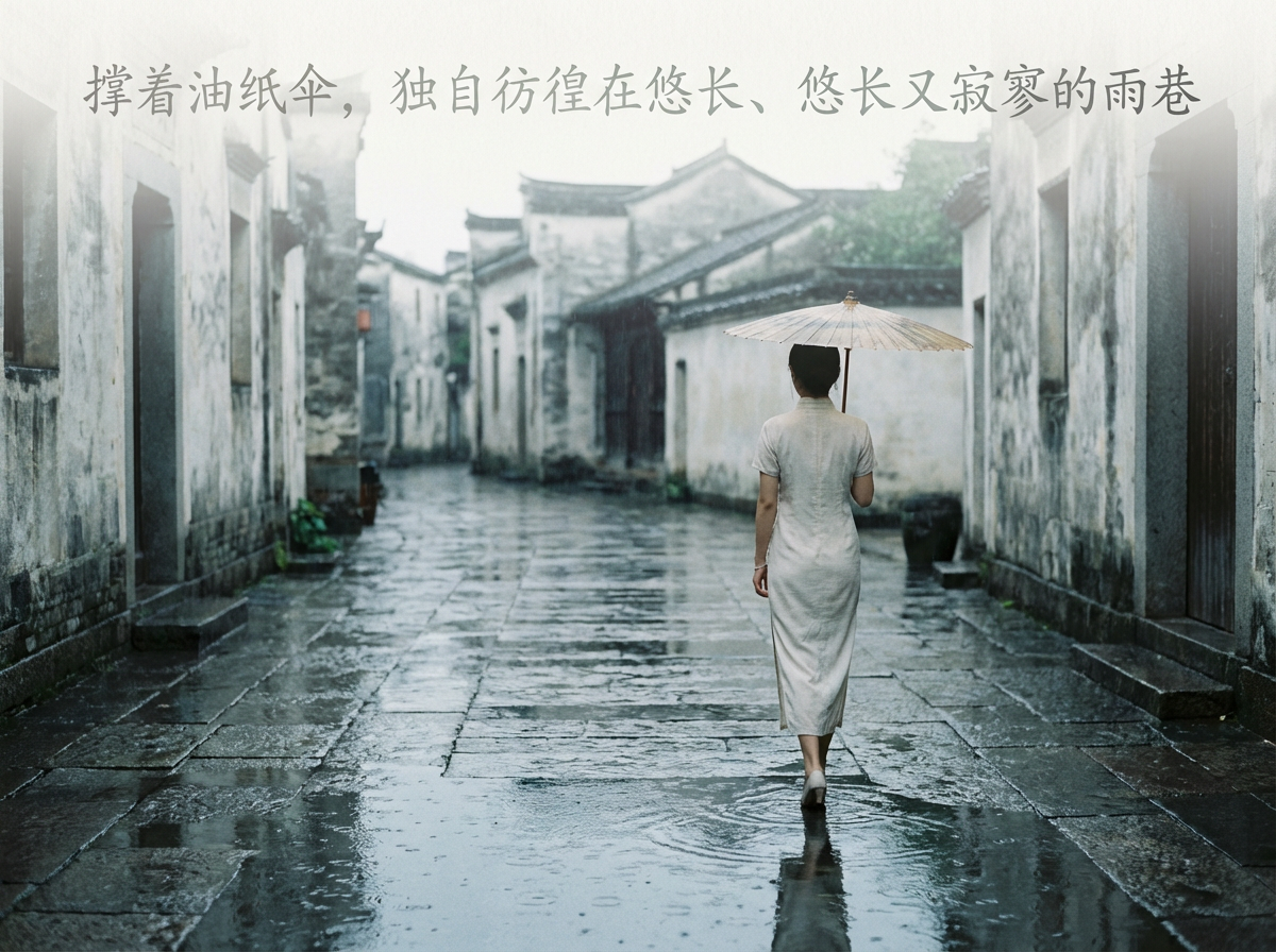 画面中展现了一幅充满江南韵味的雨景图。一位身着米白色旗袍的女性背对着镜头，撑着一把浅色的油纸伞，独自走在湿漉漉的青石板小巷中。街道两旁是白墙黛瓦的传统中式建筑，色调清冷幽静，地面因积水倒映着建筑和人物的轮廓。图片上方配有灰色的艺术字体，引用了诗句“撑着油纸伞，独自彷徨在悠长、悠长又寂寥的雨巷”。

在 AI 生成细节方面，存在一些明显的逻辑缺陷：首先，女子的右手虽然自然下垂，但左手握伞的姿势显得生硬且结构模糊，伞柄似乎直接穿过了手掌。其次，女子的双脚在行走时呈现出一种不自然的扭曲感，右脚后跟与地面的接触点透视异常，且地面上的倒影与人物实际的步态动作并不完全吻合。此外，背景中远处的建筑线条略显虚化和扭曲，缺乏真实建筑的严谨结构。