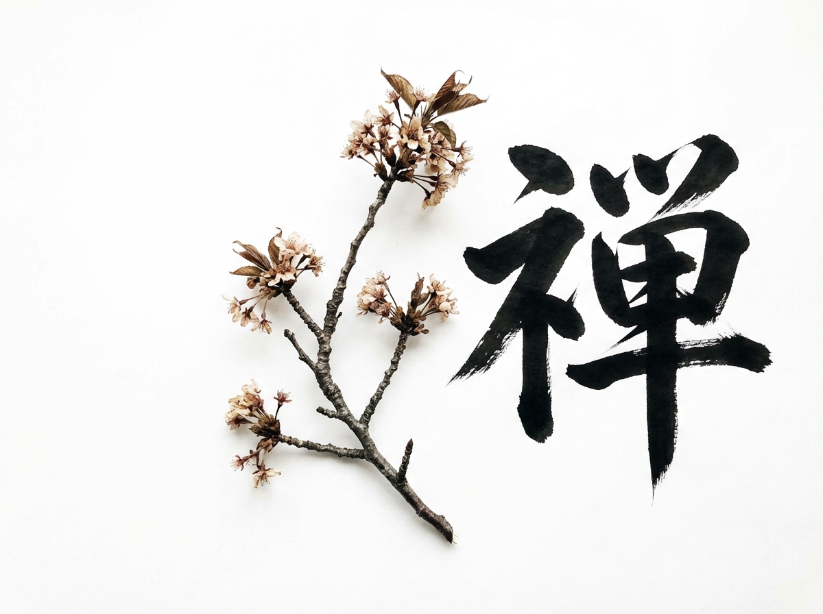 图中展示了一幅极简主义风格的艺术作品，背景为纯净的白色。画面左侧是一枝斜向生长的樱花，花瓣呈现出淡雅的米白色和浅褐色，枝干纹理粗糙且写实，整体色调偏向怀旧的复古感。画面右侧是一个巨大的黑色毛笔书法汉字“禅”，笔触苍劲有力，带有明显的飞白效果，展现出传统水墨画的韵味。构图上，花枝与书法字左右呼应，营造出一种宁静、深远的禅意氛围。

在 AI 生成的细节方面，存在一些明显的逻辑缺陷：首先是汉字“禅”的结构不准确，左侧的“示字旁”多出了不必要的笔画，右侧“单”字的顶部结构也与标准写法不符，属于典型的 AI 错误造字。其次，樱花枝干的生长逻辑略显生硬，部分细小的花茎与主干的连接处缺乏自然的过渡，花瓣的质感在放大观察时显得有些模糊，缺乏真实植物的层次感。