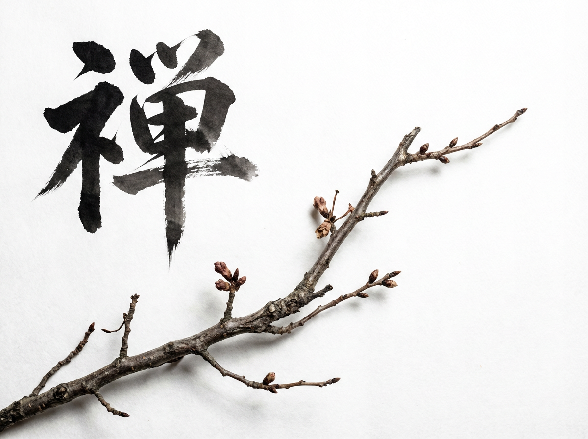 图中展示了一幅极简风格的水墨意境画。画面背景为纯净的白色宣纸质感，左上方是一个巨大的黑色毛笔书法字“禅”。这个字的笔触苍劲有力，带有明显的枯笔飞白效果，展现出传统书法艺术的韵味。画面的右下角横斜出一枝带有褐色花苞的枯木枝条，枝干纹理清晰，细节写实，与左侧的书法形成了虚实结合的构图。整体色调仅由黑、白、褐三色组成，营造出一种宁静、深邃的禅意氛围。在 AI 生成的细节方面，左侧的“禅”字虽然结构大致正确，但其偏旁部首的笔画连接处略显生硬，不符合传统书法的运笔逻辑；此外，右下角的树枝在分叉处存在一些透视上的不自然，部分细小的枝芽像是凭空悬浮或生硬地粘贴在主干上，缺乏自然的生长过渡感。