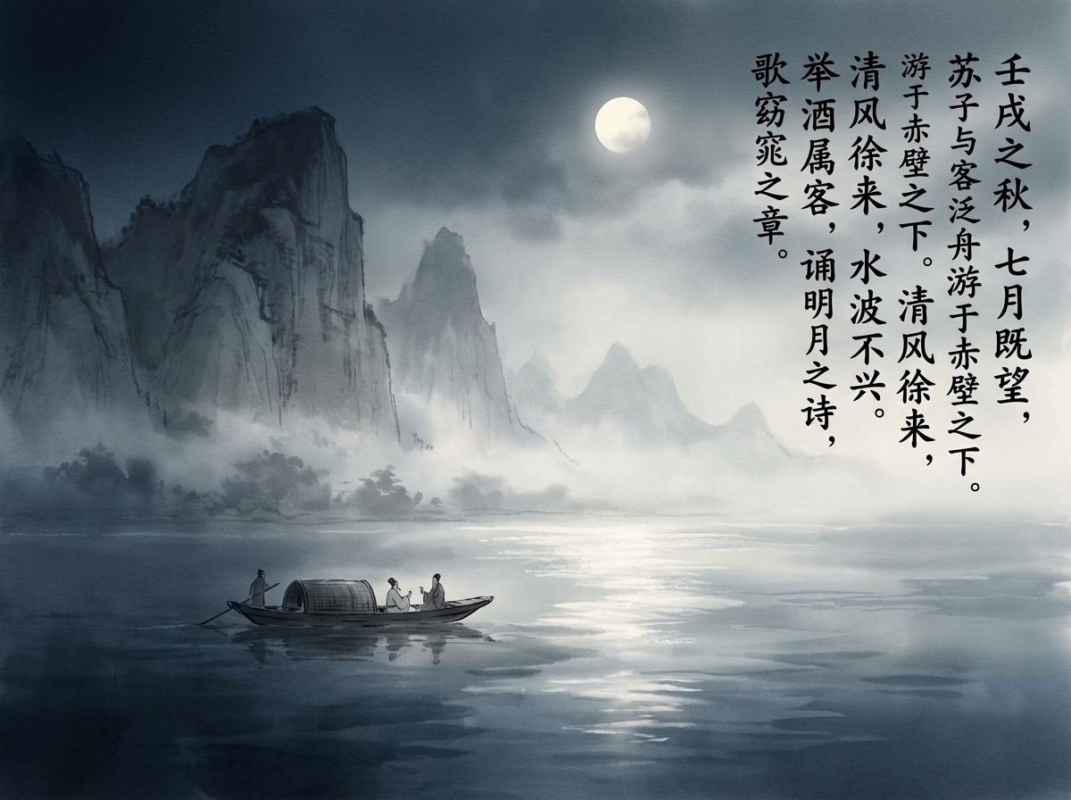 图中展现了一幅具有中国传统水墨风格的意境画，描绘了苏轼《赤壁赋》中“泛舟游于赤壁之下”的场景。画面整体色调以冷峻的青灰色和墨色为主，营造出一种静谧、深邃的夜晚氛围。远景是陡峭的山峦，云雾缭绕其间；中景处，一轮圆月高悬于略显模糊的云层中，月光在宽阔的水面上洒下一道波光粼粼的倒影。近景左侧有一叶扁舟，船头坐着两名身着古装的文人正在对饮谈笑，船尾有一名船夫正在撑篙。画面右侧竖排书写着《赤壁赋》的开篇文字。在 AI 生成的细节上存在明显缺陷：船尾船夫手中的长篙与水面的接触点透视逻辑混乱，看起来像是悬浮在水面上方，且船夫的身体动态与撑船的受力方向不符；此外，船上人物的五官极其模糊，仅有大致轮廓，缺乏精细的结构。