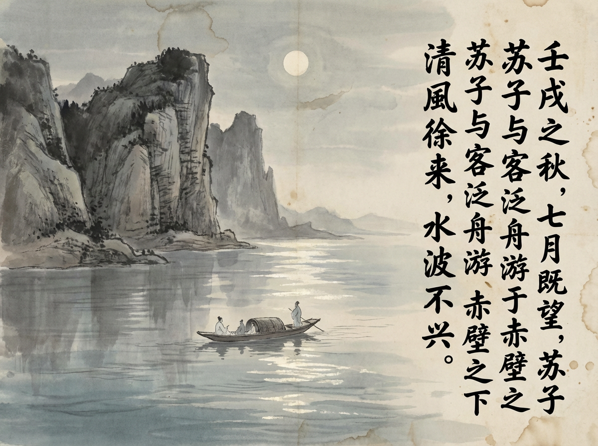 画面中呈现了一幅仿古风格的水墨山水画，意在表现苏轼《赤壁赋》的意境。左侧是陡峭的灰色岩壁，笔触模仿传统皴法；江面占据了画面中心，一轮圆月悬挂在淡灰色的天空中，月光在水面上投下粼粼波光。江中漂浮着一叶扁舟，船上有几位穿着古装的缩微人物。画面右侧配有黑色的繁体行书文字。整体色调偏灰褐色，带有做旧的纸张质感。

在 AI 生成的缺陷方面，画面存在明显的逻辑与细节错误：首先是文字内容，右侧书法出现了严重的重复，第一行与第二行、第三行内容几乎完全一致，且字体结构生硬，缺乏真实书法的气韵；其次，船上的人物形态模糊，比例与船只不协调，船桨的穿插位置也显得生硬；最后，背景天空中的水渍纹理分布不自然，月亮的边缘过于生硬，缺乏水墨晕染的自然过渡感。