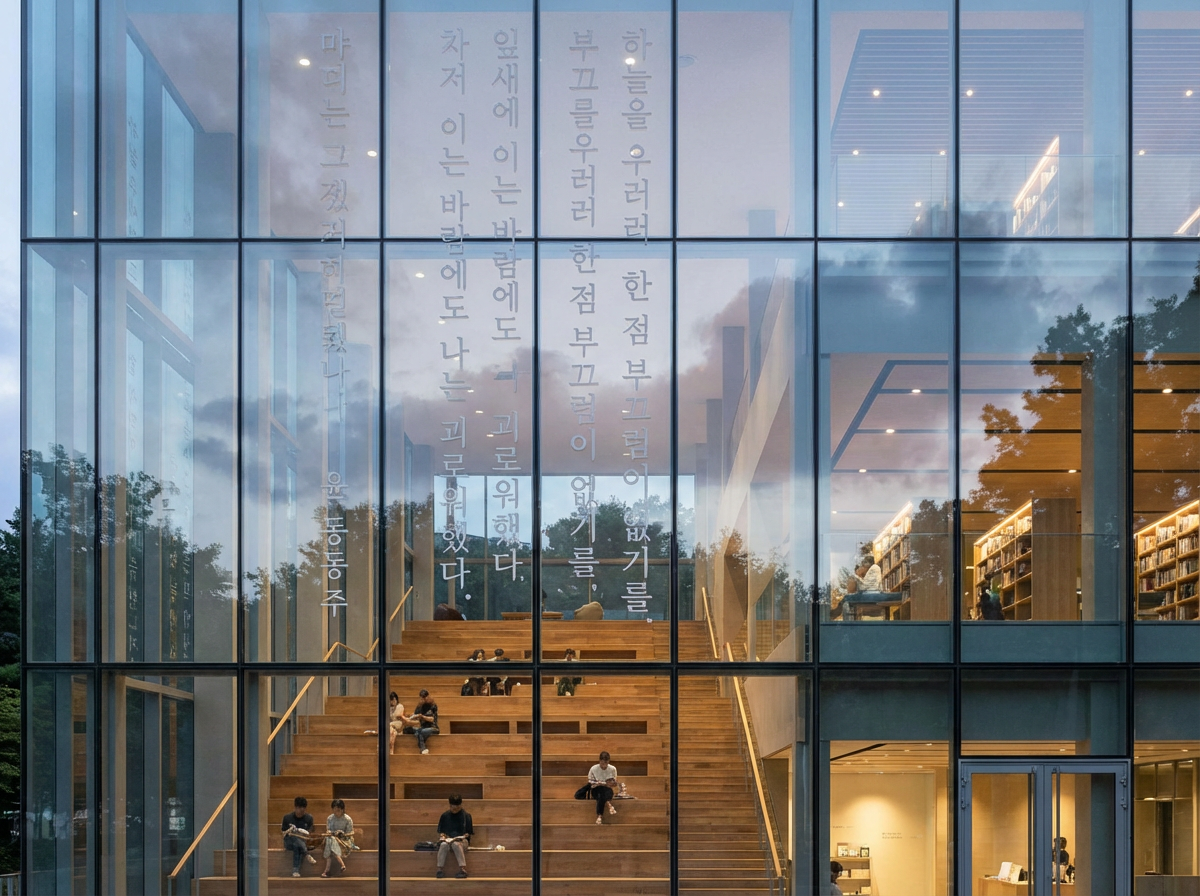 图中展示了一座现代风格图书馆的建筑外观，整面墙由巨大的网格状玻璃幕墙构成。画面中心是一个宽阔的木质阶梯式阅读区，几名读者散坐在台阶上安静地看书。玻璃窗上印有几行巨大的韩文书法，文字呈垂直排列，占据了画面的上半部分。透过玻璃可以看到室内温暖的木质色调、书架以及柔和的灯光，玻璃表面还反射着室外傍晚时分带有云彩的天空。

画面中存在明显的 AI 生成缺陷：首先，玻璃上的韩文字符存在笔画断裂和结构扭曲，部分文字显得模糊且不符合逻辑；其次，阶梯上的几个人物形象比例失调，肢体细节模糊，甚至与台阶的透视关系不自然，像是漂浮在表面；右侧书架区域的透视结构也显得混乱，书架线条与建筑框架的衔接处出现了重叠和断层。此外，玻璃反射的云朵与室内背景的融合方式生硬，缺乏真实的物理深度感。