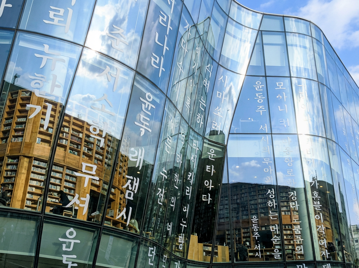图中展示了一座拥有波浪形曲面玻璃幕墙的现代化建筑，看起来像是一座图书馆或文化中心。玻璃外墙上覆盖着巨大的白色韩文字体，这些文字呈纵向排列，仿佛漂浮在建筑表面。透过半透明的玻璃，可以看到室内整齐排列的高大木质书架和正在阅读的人物身影。画面色调清新，蓝天白云倒映在玻璃上，阳光在曲线处形成明亮的光斑。然而，画面中存在明显的 AI 生成缺陷：玻璃上的韩文字符大多是无意义的笔画组合，并非真实的词汇，且文字在玻璃转角处的透视关系显得生硬且不自然。此外，室内书架的结构在玻璃反射与透射的交界处出现了线条断裂和重叠，左侧书架的木纹细节也显得模糊且逻辑混乱，呈现出一种超现实的错乱感。