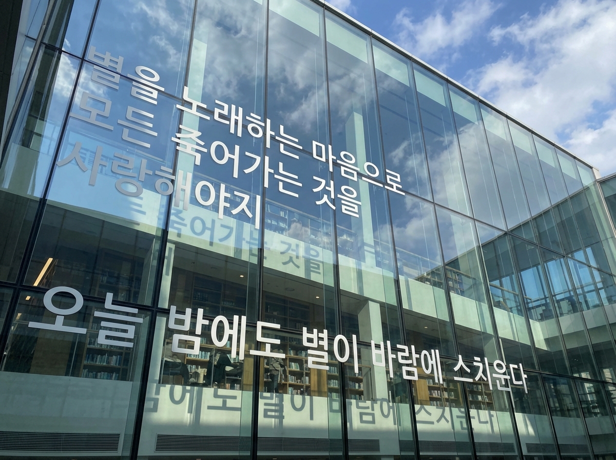 图中展示了一座现代化的玻璃幕墙建筑，视角为由下往上的仰视。巨大的透明玻璃窗映射着湛蓝的天空和洁白的云朵，营造出明亮且开阔的视觉感受。玻璃表面贴有白色的韩文艺术字，内容分上下两部分排列，文字笔画清晰。透过玻璃，可以看到建筑内部整齐排列的书架和室内灯光，暗示这可能是一座图书馆或文化中心。

作为一张 AI 生成的图片，画面中存在明显的逻辑与透视缺陷：首先，玻璃上的韩文文字在下方出现了模糊且扭曲的倒影，但倒影的形态与上方文字并不完全对应，显得极不自然。其次，建筑内部的结构线条与外部的玻璃框架在交汇处出现了错位，书架的透视关系与建筑外墙的倾斜角度不一致。此外，右侧建筑转角处的玻璃接缝处理模糊，缺乏真实的物理结构细节，呈现出一种虚幻的拼贴感。