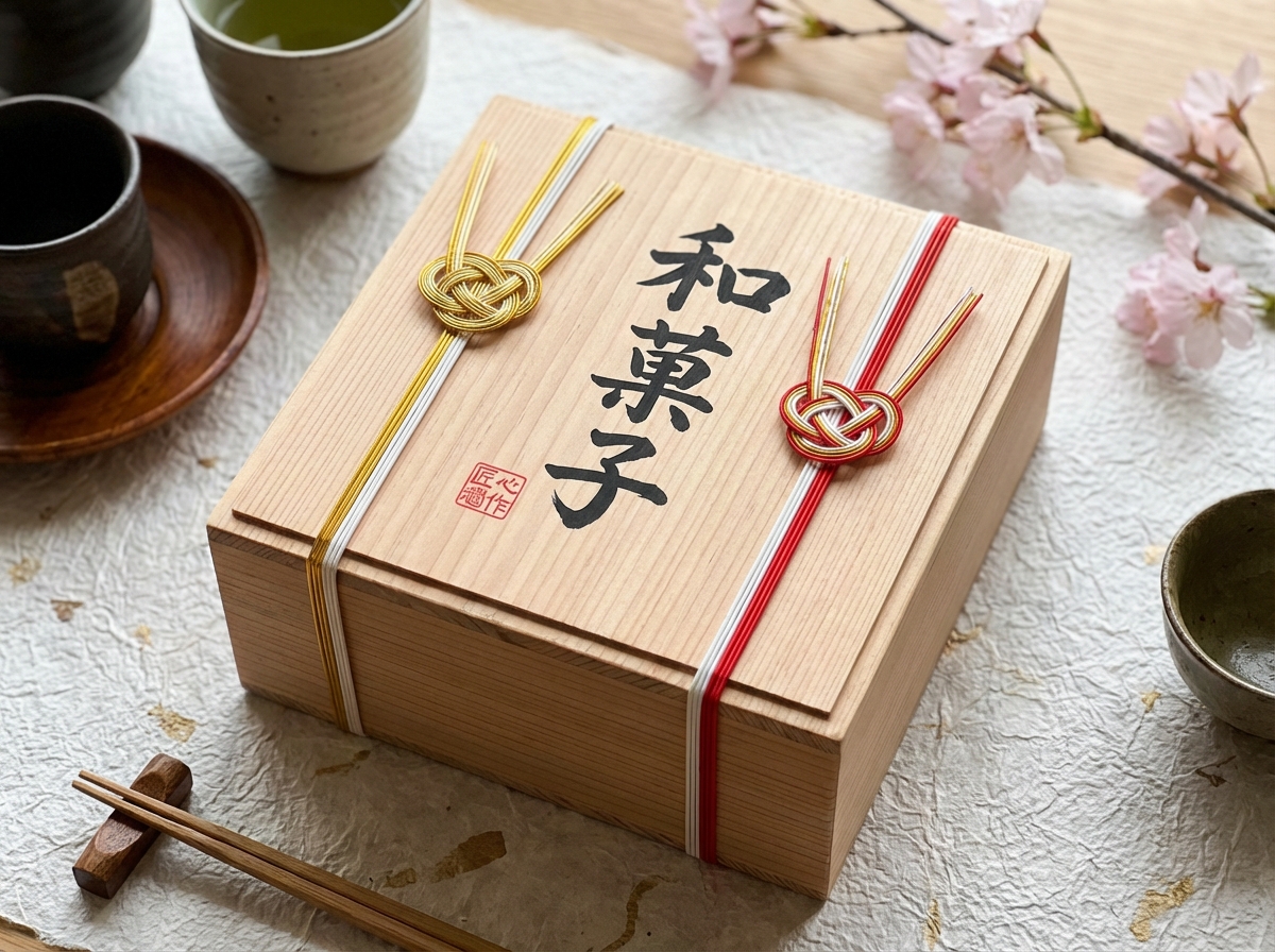 图中展示了一个充满日式禅意的温馨场景。画面中心是一个浅色的长方形木质礼盒，木纹清晰可见，盒盖上竖排书写着黑色的书法字体“和菓子”，左下方盖有一个红色的方形印章。礼盒由两组精美的装饰绳（水引）捆绑，左侧为金白色，右侧为红白色，绳结编织工整。礼盒放置在带有褶皱质感的白色和纸垫子上，周围点缀着茶具和樱花，右上角有一枝粉嫩的樱花斜入画面，左侧和右侧分别摆放着深色和浅色的茶杯。

画面整体色调柔和，光影自然，营造出一种精致的礼品氛围。然而，图中存在明显的 AI 生成缺陷：首先，左下角的木质筷子末端结构异常，筷子似乎直接长在了筷托上，且形状扭曲不自然；其次，礼盒上的书法文字“和菓子”中，“菓”字的草字头与下方结构连接生硬，笔画略显诡异；此外，右侧红白装饰绳的末端在盒盖边缘处发生了透视错误，线条凭空消失或重叠，缺乏真实的物理逻辑。