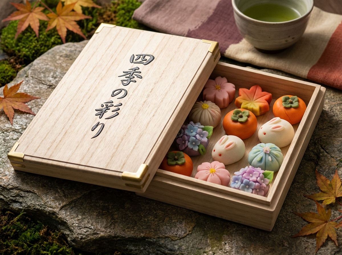 图中展示了一个精致的木质礼盒，盒盖半开，露出了内部排列整齐的日式和菓子。这些点心造型多样，包括粉色的樱花、橙色的柿子、红黄相间的枫叶、淡紫色的小花以及两只洁白可爱的兔子，色彩柔和且充满季节感。木盒盖上刻有黑色的日文书法“四季の彩り”，意为四季的色彩。背景是自然的户外场景，盒子放置在带有青苔的岩石上，周围散落着几片红色的枫叶，右上角还有一杯热气腾腾的绿茶和一块条纹布料，营造出宁静的禅意氛围。

在 AI 生成的细节方面，存在一些明显的逻辑缺陷：首先，木盒盖子的边缘与盒身的衔接方式不符合物理常识，盖子似乎是悬浮或以不自然的结构斜靠在盒缘上。其次，盒盖左下角的金属包边装饰在透视上显得扭曲，未能平整地贴合木材边缘。此外，部分和菓子的光影表现不够统一，背景中岩石的纹理在与木盒交界处显得有些模糊和生硬。