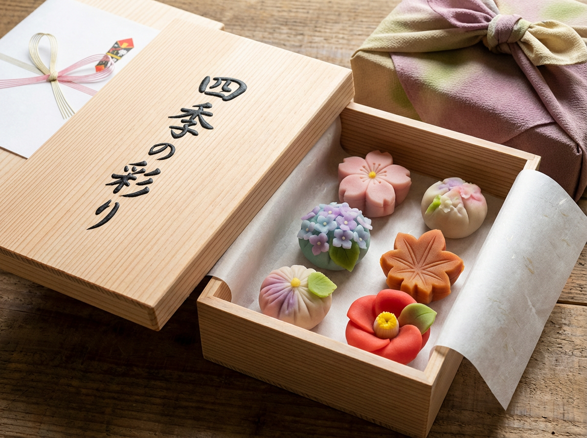 图中展示了一个精致的木制礼盒，内部盛放着六枚造型各异的日式和菓子（练切）。这些点心色彩缤纷，分别模仿了四季的植物，包括粉色的樱花、紫色的绣球花、橘红色的枫叶以及红色的山茶花等，整齐地排列在垫有白纸的木盒中。木盒盖子半开，斜靠在盒身上，上面刻有黑色的日文书法字体。背景是质朴的木纹桌面，右上角还有一个用淡紫色和绿色渐变布料包裹的精美礼赠。

画面整体呈现出一种和风美学，光线柔和。然而，作为 AI 生成的图像，存在一些明显的逻辑缺陷：首先是文字问题，木盖上的日文书法虽然看起来自然，但笔画结构并不完全符合真实的日语规范，带有明显的 AI 模拟痕迹；其次，左上角白色信封上的装饰结（水引）线条交织逻辑混乱，缺乏真实的穿插感；最后，木盒边缘的透视关系略显生硬，尤其是盖子与盒身的衔接处，阴影表现不够自然。