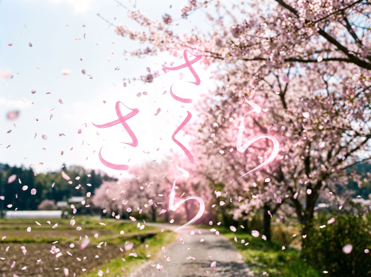 画面中呈现了一幅充满春天气息的樱花盛开景象。背景是一条蜿蜒在田野间的乡村小路，道路两旁栽满了繁茂的樱花树，粉色的花簇如云朵般堆叠在枝头。天空中飘落着密密麻麻的粉色花瓣，营造出一种“樱花雨”的浪漫氛围。画面中央浮现着粉色的手写体日文假名“さくら”（意为樱花），笔触带有轻微的发光效果。整体色调明亮清新，阳光透过花枝洒下，给人以温暖恬静的感觉。在 AI 生成的细节方面，存在一些明显的逻辑缺陷：空中飘浮的部分花瓣形状过于破碎且分布不自然，甚至有些花瓣看起来像是不规则的色块；背景中的田野和远处的树木纹理较为模糊，缺乏真实的透视深度；此外，中央文字的笔画与背景花瓣的重叠方式略显生硬，缺乏真实的光影遮挡关系。