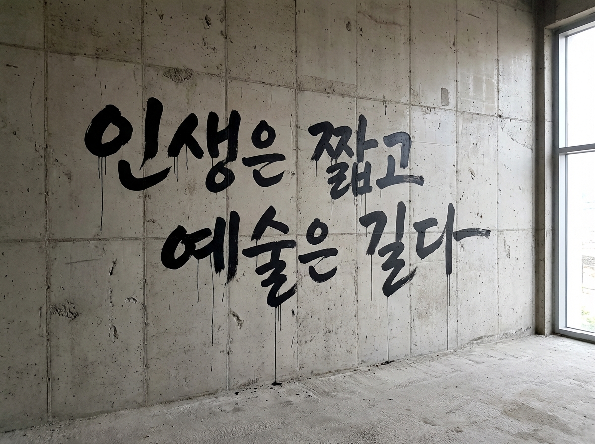 图中展示了一个极简主义风格的室内空间，主体是一面巨大的灰色清水混凝土墙。墙面上用粗犷的黑色书法字体书写了两行韩文，意为“人生苦短，艺术长久”。字迹带有明显的喷漆或毛笔涂鸦感，黑色颜料顺着墙面竖直向下流淌，形成了多道细长的墨迹，增添了一种颓废而艺术的氛围。画面右侧有一扇窄长的落地窗，透进明亮的自然光，使墙面呈现出细腻的明暗过渡。

作为一张 AI 生成的图片，画面中存在一些逻辑缺陷：首先，墙面上的韩文字符在笔画结构上略显生硬，部分转折处不符合真实书法的运笔逻辑；其次，右侧窗框与墙面的衔接处透视略显生硬，窗外的景色模糊不清且缺乏细节；最后，地面与墙根交界处的阴影处理不够自然，部分流淌的墨迹在接近地面时突然消失，缺乏真实的物理堆积感。整体构图简洁，冷色调的混凝土与浓重的黑字形成了鲜明的视觉对比。
