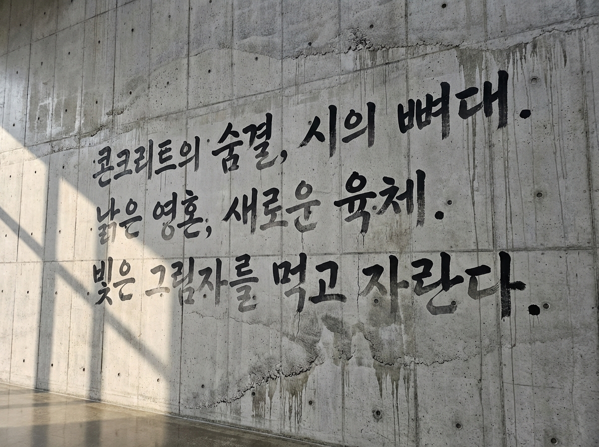 图中展示了一面具有工业质感的灰色清水混凝土墙壁，墙上书写着三行黑色的韩文书法。文字笔触有力，带有水墨滴落和晕染的艺术效果。阳光从左侧斜射入室内，在墙面上投射出清晰的窗框几何阴影，为冰冷的建筑材质增添了温暖的明暗对比。墙面上有规则分布的圆孔和施工缝隙，底部隐约可见反光的地板。

作为一张 AI 生成的图片，画面中存在几处明显的逻辑缺陷：首先，墙面上的韩文书法在笔画结构上存在多处扭曲和不规范，部分字符像是随机拼凑的笔画，缺乏真实的文字逻辑。其次，文字下方的墨水滴落痕迹分布极不自然，有些水滴悬浮在笔画中间，且滴落的方向与重力感不完全一致。最后，墙面左侧的窗影线条在穿过墙缝时发生了细微的错位，墙体表面的纹理在文字边缘处出现了模糊和像素化的衔接异常。