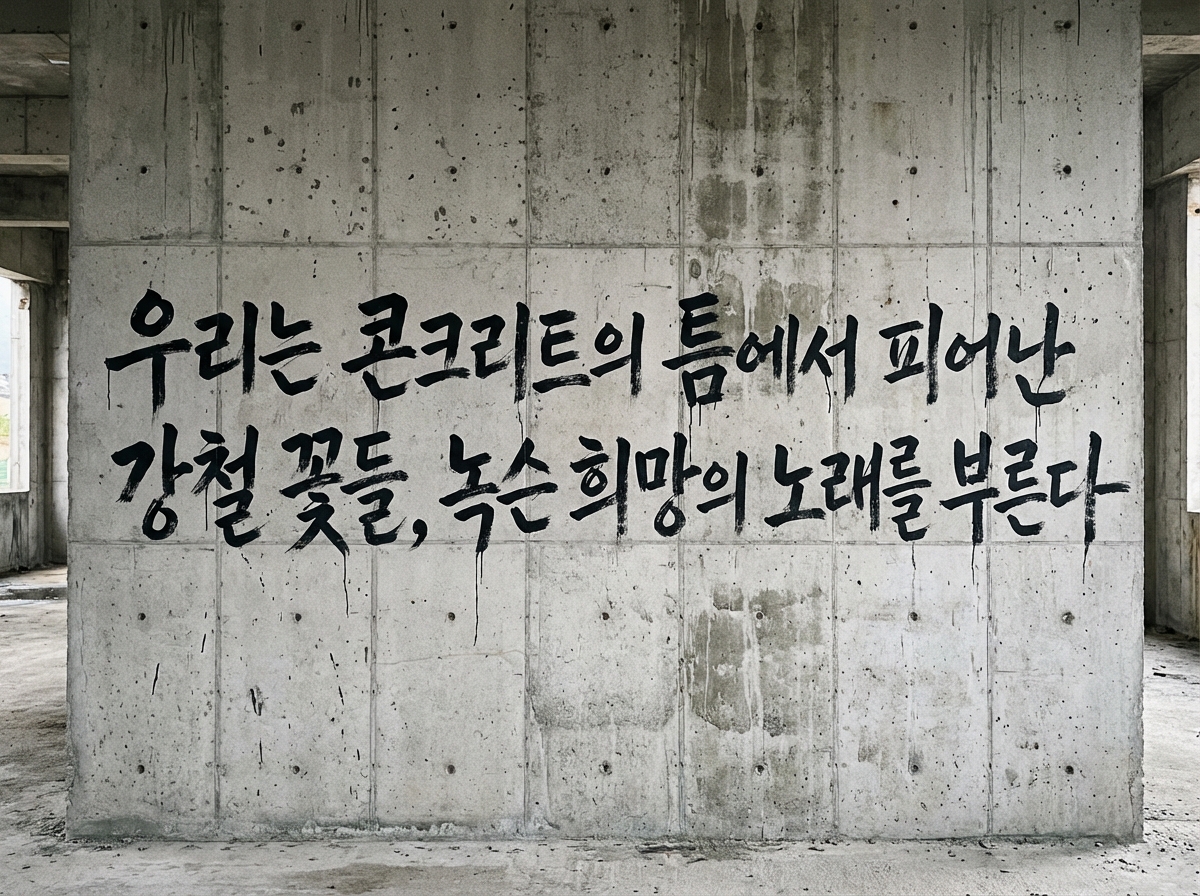 画面中展示了一个废弃或尚未完工的建筑内部，正中心是一面巨大的浅灰色清水混凝土墙。墙面上布满了自然的斑驳痕迹、细小的孔洞和水渍流下的深色条纹，呈现出一种冷峻、工业化的质感。墙的正中央有用黑色油漆书写的两行韩文书法，笔触粗犷有力，带有明显的液体下滴痕迹，仿佛刚书写不久。文字的大意是关于在混凝土缝隙中绽放的钢铁之花，以及唱着生锈希望的歌。

这张图片具有明显的 AI 生成特征：首先，墙面上的韩文字形虽然工整，但部分笔画的连接处显得过于平滑或逻辑模糊，缺乏真实毛笔或刷子书写的随机纤维感；其次，墙体左右两侧的透视关系略显生硬，左侧背景中的柱子与地面的衔接处缺乏自然的阴影过渡；最后，混凝土表面的圆孔分布过于均匀且完美，带有数字渲染的重复感，而非真实施工中留下的不规则痕迹。整体色调偏冷，营造出一种孤独而坚韧的氛围。