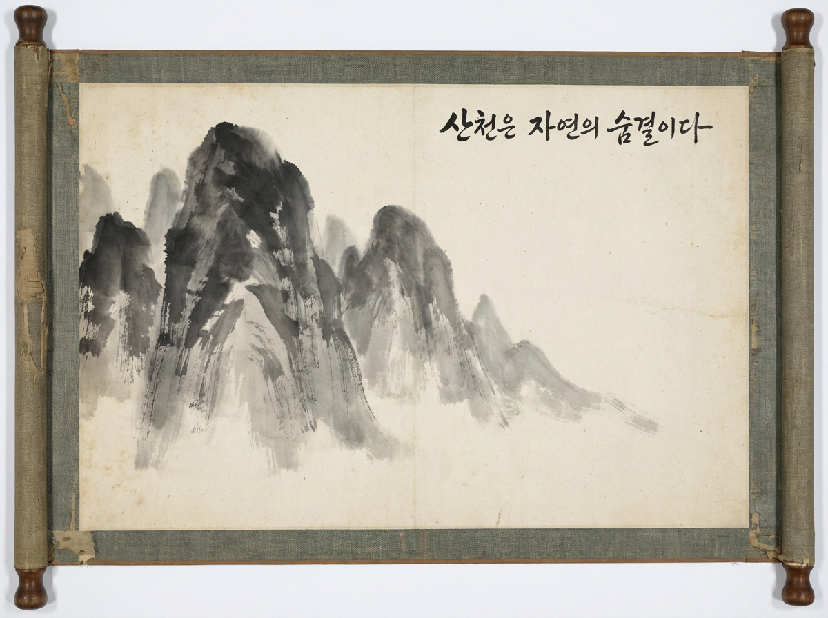 画面中展示了一幅横向展开的中式或韩式传统水墨山水画卷轴。画作主体位于左侧，由几座深浅不一的墨色山峦组成，笔触粗犷且富有动感，展现了山石的嶙峋感。背景是大面积的留白，右上角有一行黑色的韩文书法。画心四周镶嵌着灰绿色的织物边框，左右两端连接着带有木质圆头的卷轴。整体色调淡雅，呈现出一种古朴、宁静的意境。

在 AI 生成的细节方面，存在明显的逻辑缺陷：首先，卷轴的结构异常，左右两边的木质轴头形状不完全对称，且左侧轴杆上的织物纹理出现了不自然的断裂和模糊。其次，画作中心位置有一条明显的垂直折痕，但这条折痕并没有延伸到上下边缘的织物框上，显得非常突兀。此外，画纸左下角和边缘的泛黄污渍分布过于规律，缺乏自然老化的随机感。书法字迹虽然清晰，但部分笔画的交接处显得生硬，缺乏真实毛笔书写的连贯气韵。