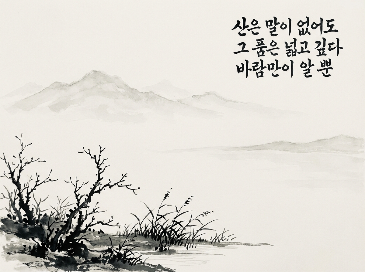 图中展现了一幅极简风格的水墨画，采用传统的东亚绘画笔触。画面构图疏朗，左下角是近景，描绘了几株苍劲的枯树和一丛随风摇曳的芦苇，笔墨浓重，线条硬朗。中景和远景则以极淡的灰色渲染出连绵起伏的山峦轮廓，给人一种烟雨朦胧、深远宁静的意境。画面右上角书写有三行黑色的韩文书法，字迹工整有力。整体色调以黑、白、灰为主，背景呈现出淡淡的米白色纸张质感。在 AI 生成的细节方面，可以观察到左侧枯树的枝干分叉略显生硬，部分细小枝条的连接处不够自然，且水面与陆地的交界处笔触略显模糊，缺乏传统水墨画中严谨的干湿浓淡过渡。尽管如此，画面依然成功营造出了一种空灵、悠远的禅意氛围。