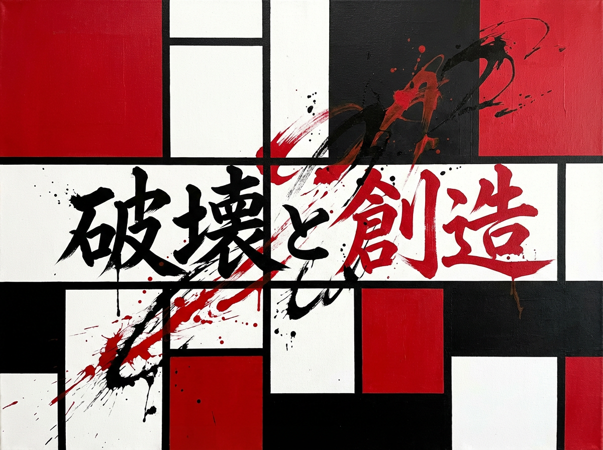 图中展示了一幅结合了现代几何抽象与传统书法风格的艺术作品。背景由红、黑、白三色的矩形块组成，类似于蒙德里安的格子画风格，但色块分布更为错落。画面中心横向书写着五个巨大的书法汉字“破壊と創造”（破坏与创造），其中左侧的“破壊”为黑色，右侧的“創造”为红色，中间连接着一个小巧的黑色日文假名。文字上方和背景中叠加了狂放的泼墨与笔触，红黑交织的墨迹带有明显的喷溅感，营造出一种动态的张力。

作为 AI 生成的图像，画面中存在一些逻辑与细节上的瑕疵：首先，书法字体的笔画结构略显生硬，部分撇捺的末端出现了不自然的断裂或过度平滑的数字感；其次，背景格子的黑线粗细不一，且在与文字交汇处出现了透视上的细微扭曲；最明显的是，背景中红黑墨迹的叠加层次有时显得过于平整，缺乏真实油墨或丙烯颜料在画布上应有的厚度与物理堆叠感。