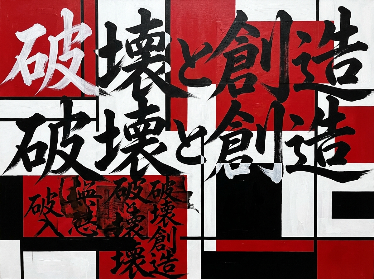 图中展示了一幅结合了现代几何抽象与传统书法风格的视觉作品。背景由大面积的红色、黑色和白色矩形色块组成，构图类似于蒙德里安的格子画风格，具有强烈的视觉冲击力。画面主体是多行手写感极强的毛笔书法字体，内容主要为繁体中文和日文混合的“破壊と創造”（破坏与创造）。字体颜色以黑色为主，但在左上角有一个醒目的白色“破”字，形成了强烈的明暗对比。

作为一张 AI 生成的图片，画面中存在明显的逻辑与细节缺陷：文字排列显得杂乱且重叠，尤其是底部区域，多个“破坏”字样相互堆叠挤压，导致笔画交织不清，难以辨认。部分汉字的结构出现了 AI 常见的扭曲，例如“壊”字的右半部分笔画模糊，且部分笔触在色块边缘处出现了不自然的断裂或生硬的图层叠加感。整体透视虽然扁平，但文字与背景色块的融合显得不够自然，某些笔锋末梢呈现出数码生成的锯齿状，而非真实毛笔在纸张上留下的墨迹晕染。