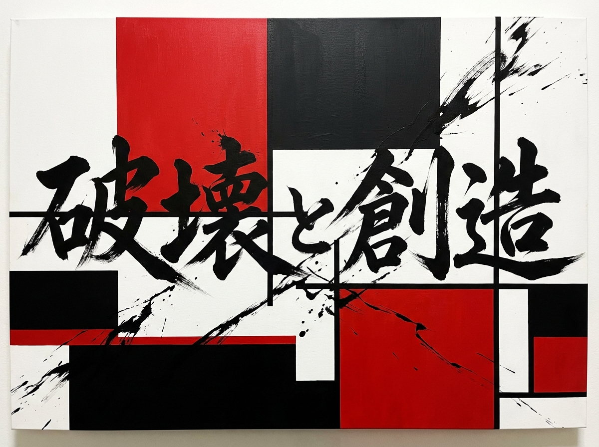 图中展示了一幅结合了现代几何抽象与传统书法风格的艺术作品。背景由大面积的红色、黑色和白色色块组成，呈现出类似蒙德里安风格的网格布局，色块边缘锐利，对比强烈。画面中央横向书写着五个巨大的黑色书法字体“破壊と創造”（破坏与创造），笔触苍劲有力，带有明显的飞白效果和墨汁溅洒的痕迹，仿佛是打破了背景的几何秩序。构图上，书法线条与背景的水平、垂直色块相互交错，营造出一种动静结合的视觉张力。

作为 AI 生成的图像，画面中存在一些明显的逻辑缺陷：书法文字的笔画结构虽大致可辨，但部分细节显得杂乱，尤其是“壊”字和“創”字的内部笔画出现了不自然的扭曲与粘连，不符合真实书法的运笔逻辑。此外，背景中的黑色细线条在穿过文字时出现了断裂或粗细不均的现象，右侧边缘的色块拼接也略显生硬，缺乏真实油画布料的纹理连续性。
