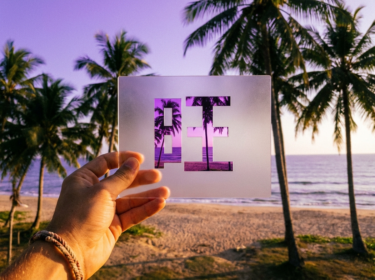 画面中，一只左手在海滩背景下举着一块半透明的磨砂玻璃板。背景是宁静的黄昏海景，沙滩上有几棵高耸的椰子树，天空呈现出淡紫色和金色的过渡。玻璃板中心有两个镂空的字母“BE”，透过这两个字母看到的景色比周围环境色彩更浓郁，呈现出深紫色。构图上，手部位于左下角，玻璃板居中，背景的椰子树分布在两侧，营造出一种框景摄影的艺术感。

在 AI 生成的细节方面，存在明显的逻辑和透视缺陷：首先，手部结构异常，大拇指的生长位置和角度显得生硬，且手指的数量和关节连接处不够自然。其次，玻璃板镂空处看到的景色与背景完全无法衔接，镂空里的椰子树位置、形状与背景中的树木毫无关联，仿佛是另一张照片。此外，玻璃板左侧边缘在手部虎口处的遮挡关系模糊，缺乏真实的物理厚度和阴影表现。