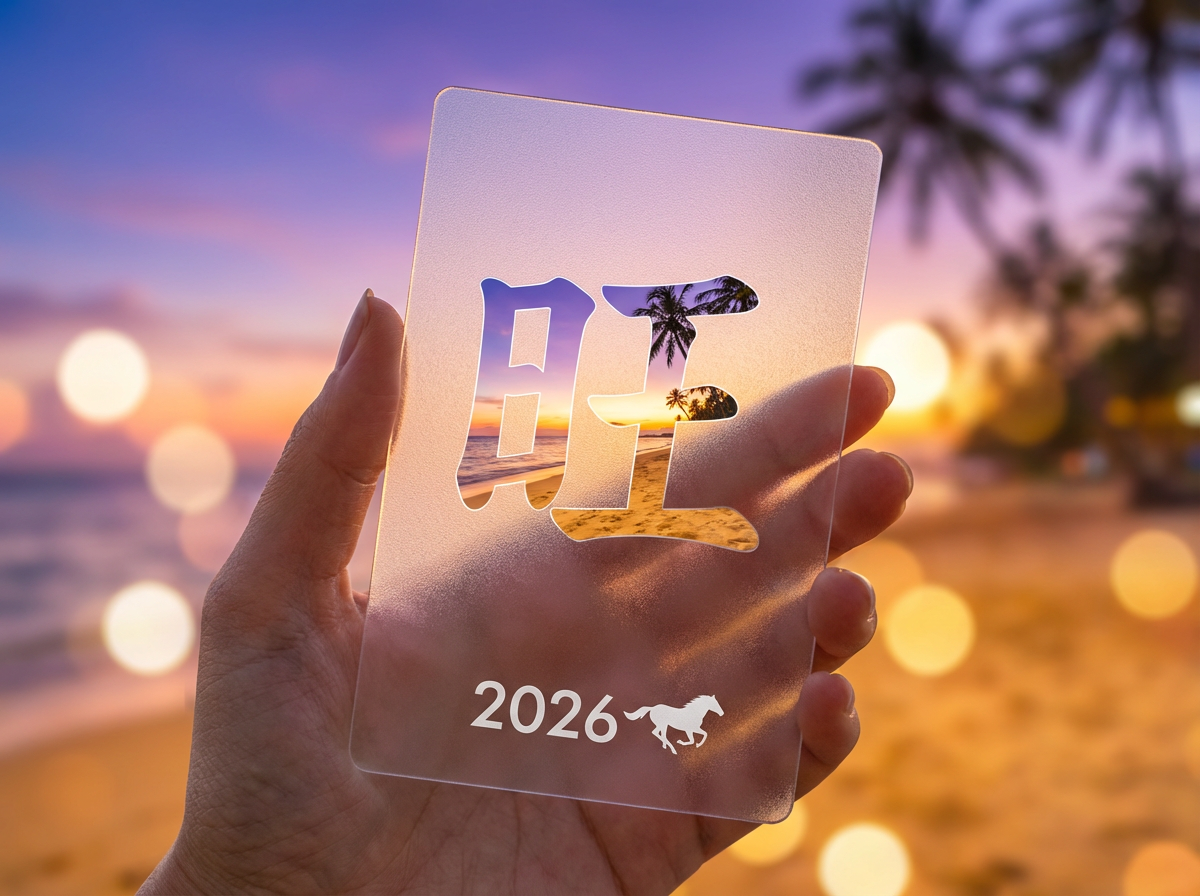 图中展示了一只手正握着一张半透明的磨砂质感卡片，背景是落日余晖下的海滩。卡片中心有一个镂空的汉字「旺」，透过这个字可以看到清晰的海景、沙滩和椰子树，而卡片其余部分则呈现模糊的磨砂效果。卡片下方印有白色的「2026」数字以及一个奔马的剪影。背景中的海滩充满了温暖的橙黄色调，伴有梦幻的光斑效果，右侧可见模糊的椰林。在 AI 生成的细节方面，存在明显的逻辑错误：2026 年在农历中应为马年，但画面中的奔马剪影虽然对应了年份，却与常见的生肖顺序不符（2026年实为马年，此处逻辑正确，但手部细节略显生硬）；此外，手持卡片的姿势略显僵硬，手指与卡片边缘的接触面缺乏自然的压痕和阴影，且「旺」字的镂空透视与背景的实际衔接略显违和。