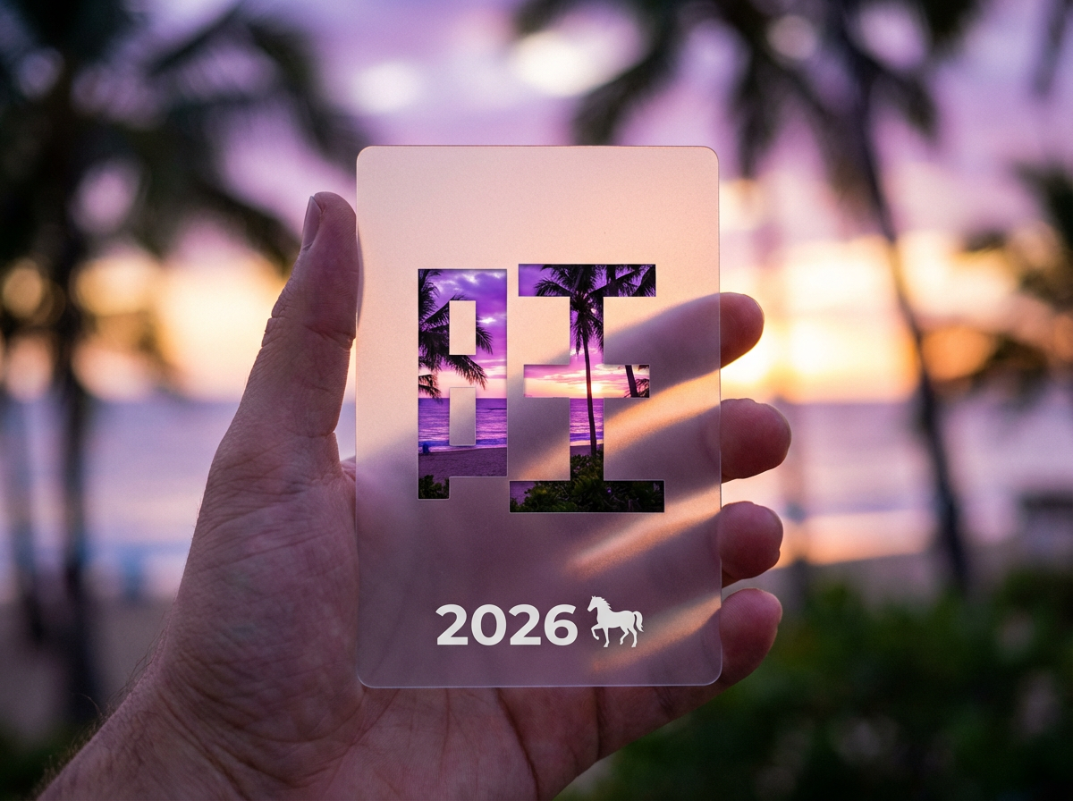 图中展示了一只左手正握持着一张半透明的磨砂卡片，背景是落日余晖下的热带海滩。画面色调以柔和的紫色、橙色和深绿色为主，营造出一种宁静的黄昏氛围。卡片中心有两个镂空的字母“BE”，通过镂空部分可以清晰地看到背景中紫色的天空、椰子树和海面。卡片下方印有白色的数字“2026”以及一个马匹的剪影图标。背景中的椰林和沙滩被大幅度虚化，使得视觉焦点集中在手部和卡片上。在 AI 生成的细节方面，存在明显的逻辑缺陷：卡片背后的手指阴影与背景光线方向不符，且手指透过磨砂材质显示的清晰度异常。最显著的错误在于手部的结构，大拇指的比例偏大且线条生硬，而卡片右侧支撑的四根手指在透视和长度上显得不自然，缺乏真实手掌的生理结构连接感。