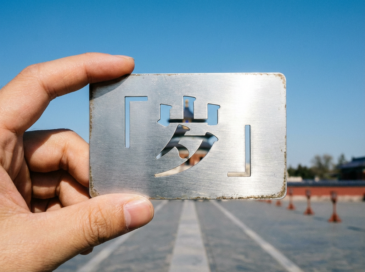 图中展示了一只左手拿着一张长方形金属镂空卡片，背景是晴朗蓝天下的一处中式古建筑广场。金属卡片占据画面中心，上面镂空刻着一个简体中文字“岁”，字的两侧带有直角括号。透过镂空的文字，可以看到远处模糊的天坛祈年殿顶端。背景的广场地面平坦，透视向远方延伸，右侧有一排红色的矮墙。

画面中存在明显的 AI 生成缺陷：首先是手部结构异常，大拇指的生长位置和角度显得非常生硬，且食指与中指的关节连接处缺乏自然的肌肉纹理，看起来有些扭曲。其次，金属卡片上的镂空文字“岁”存在物理逻辑错误，字体的中间部分（如“夕”部的内部）在现实中应该是悬空的，但在图中却没有任何连接点就能漂浮在金属框内。此外，背景中的古建筑细节模糊且结构不严谨，呈现出一种不自然的涂抹感。