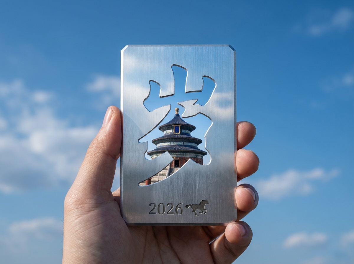图中展示了一只手在明亮的蓝天白云背景下，握着一块长方形的银色金属拉丝质感卡片。卡片中心有一个巨大的镂空汉字，透过这个字可以看到远处的北京天坛祈年殿。卡片底部刻有数字“2026”和一匹奔马的剪影。整体色调清新，光影自然，构图以手持卡片为中心，呈现出一种文创产品的既视感。

然而，画面中存在明显的 AI 生成缺陷：首先是卡片中心的镂空汉字，其形状介于“岁”和“发”之间，笔画结构不正确，属于典型的 AI 无法准确生成复杂汉字的问题。其次，手部细节存在异常，握住卡片右侧的手指比例不协调，指尖形状略显生硬。最后，卡片镂空处看到的天坛景观与背景天空的透视关系略显违和，天坛顶部的尖端在镂空边缘处出现了不自然的切断感，缺乏真实物理空间的深度。