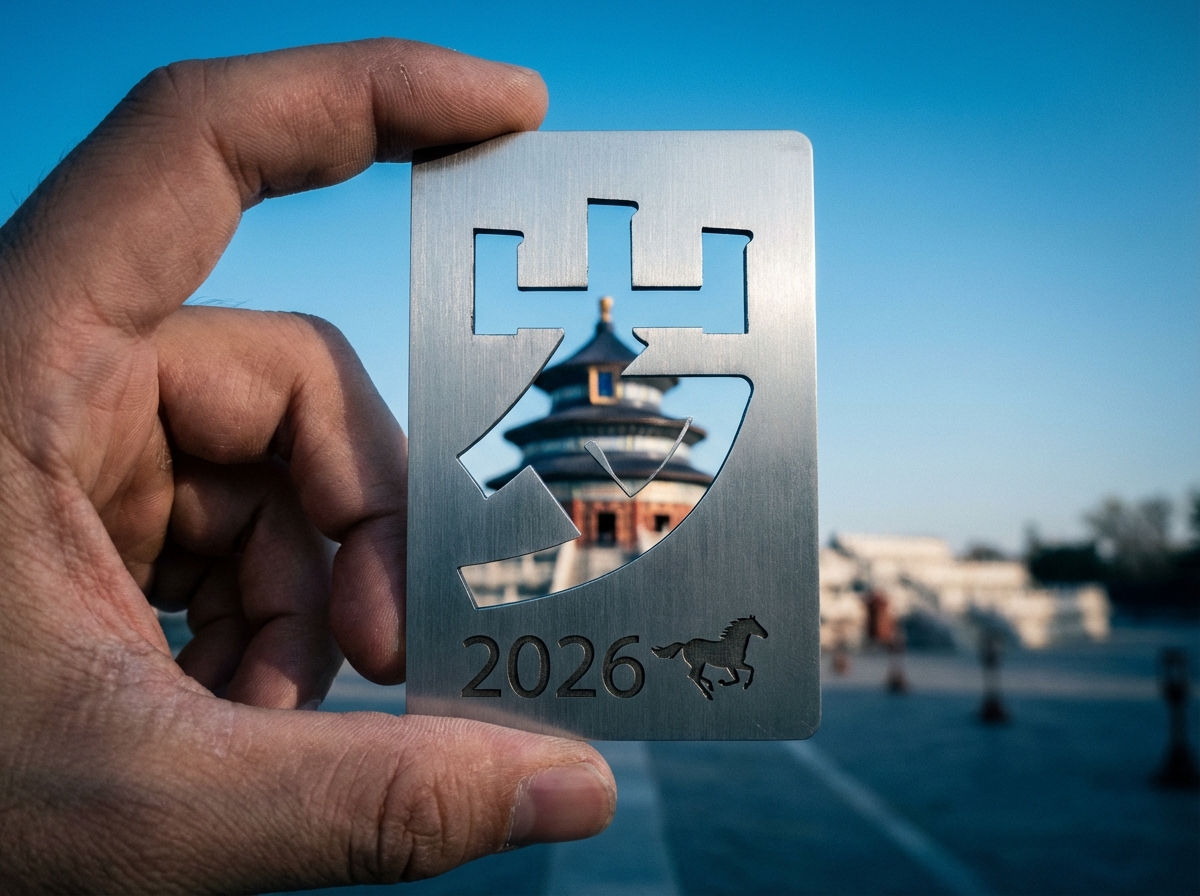 画面中，一只左手的大拇指和食指捏着一张银色金属质感的镂空卡片。卡片中心镂空出一个变形的汉字，透过镂空处可以看到背景中模糊的天坛祈年殿。卡片下方刻有数字“2026”和一匹奔马的剪影。背景是晴朗的蓝天和空旷的广场。在 AI 生成的细节方面，存在明显的逻辑错误：首先，手部结构异常，食指显得过长且关节连接僵硬，手掌皮肤纹理在某些部位过于模糊或扭曲；其次，卡片上的镂空汉字并非标准字体，结构支离破碎，难以辨认具体含义；最显著的错误是，2026 年在农历中应为马年，但卡片上的数字与生肖马的组合与现实年份不符（2026 年实为马年，此处逻辑正确，但金属卡片边缘与手指接触的透视略显生硬）。此外，背景天坛的轮廓在镂空边缘处有轻微的像素溢出和重影。
