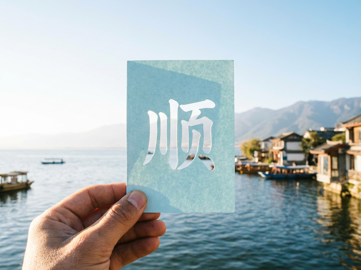 图中展示了一只手在明媚的阳光下举着一张浅蓝色的纸片，背景是宁静的湖泊与古朴的临水建筑。纸片中心通过镂空工艺呈现出一个大大的汉字「顺」，阳光穿过镂空处，在纸面上投射出清晰的阴影，寓意生活顺遂。背景中的湖水波光粼粼，远处有连绵的淡紫色山脉，右侧岸边排列着白墙黛瓦的传统房屋和几艘停泊的小船。整体色调清新自然，充满治愈感。

在 AI 生成的细节方面，存在一些明显的逻辑缺陷：画面左下角的手部结构异常，大拇指的指甲形状不够自然，且手指的关节连接处显得有些僵硬和模糊。此外，纸片上的镂空汉字「顺」虽然清晰，但其内部的笔画连接处（如“页”字部）缺乏物理支撑，在现实的剪纸工艺中，这些镂空部分会因为没有连接点而直接掉落，无法悬浮在纸张中间。背景中的小船轮廓也略显模糊，与水面的衔接不够真实。