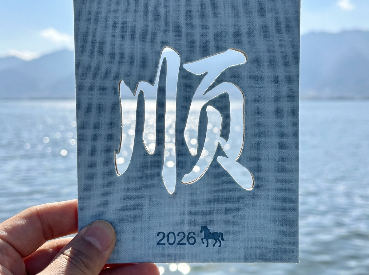 图中展示了一只手拿着一张浅蓝灰色纹理质感的卡片，背景是波光粼粼的湖面和远处的群山。卡片中心镂空刻有一个巨大的简体汉字“顺”，透过镂空处可以看到背景中闪烁的湖水光斑。卡片下方印有数字“2026”和一个马的剪影图标。构图简洁，色调以清新自然的蓝灰色和白色为主，给人一种宁静祥和的视觉感受。

在 AI 生成的细节方面，存在明显的逻辑错误：画面下方的数字为“2026”，但旁边的生肖图标却是“马”，实际上 2026 年对应的生肖应该是马，这一点在逻辑上是匹配的。然而，左下角拿卡片的手部细节略显生硬，手指的纹路和边缘处理不够自然。此外，卡片镂空文字“顺”的笔画边缘过于平滑，缺乏真实纸张切割的纤维感，且卡片在阳光下的阴影投射与背景光影的衔接略显违和。