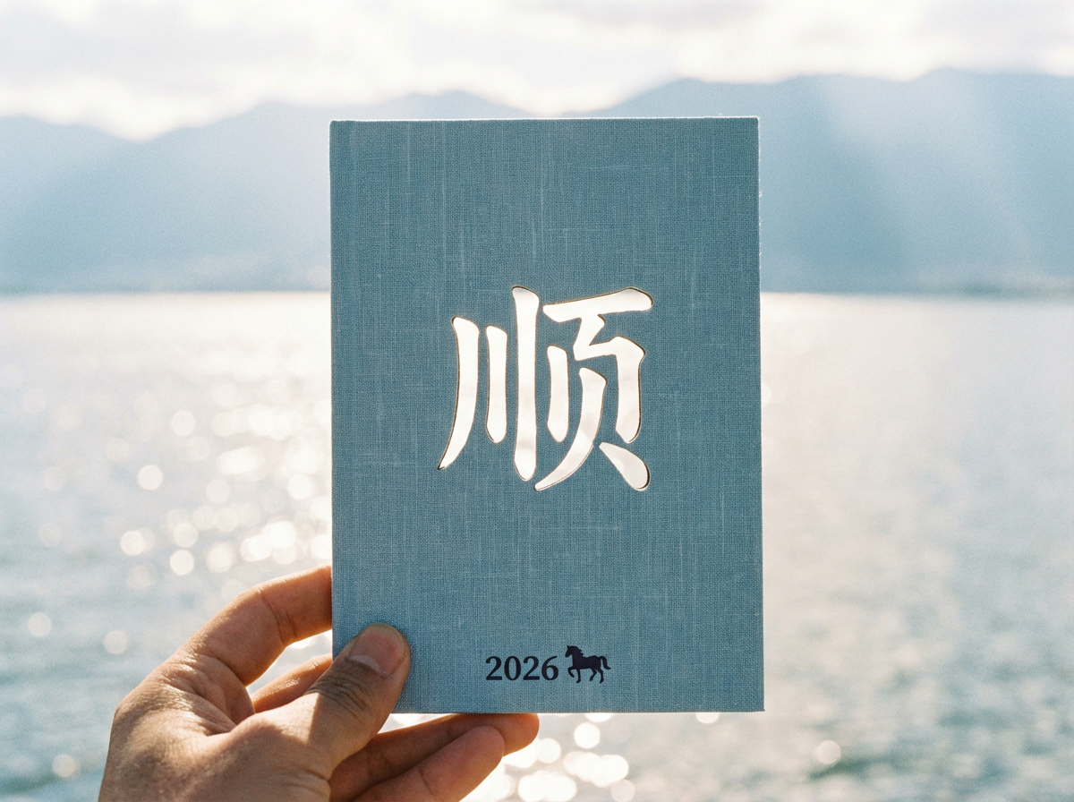 图中展示了一只左手正举着一本浅蓝色布面质感的笔记本，背景是波光粼粼的水面和远处的朦胧山脉。笔记本的封面中心有一个巨大的镂空汉字“顺”，光线透过镂空处显得十分明亮。封面下方印有数字“2026”以及一个黑色的马匹剪影。整体色调清新自然，阳光感强烈，营造出一种宁静、充满希望的氛围。

在 AI 生成的细节方面，存在明显的逻辑缺陷：首先，2026 年在中国传统生肖中是马年，这与封面上的马匹剪影相符，但手部表现异常，大拇指的指甲形状不够自然，且手指与书本接触的受力感略显生硬。此外，笔记本左下角的边缘与手指的遮挡关系处理得不够真实，书本仿佛悬浮在指尖。背景中水面的光斑分布过于均匀，带有典型的 AI 渲染痕迹。