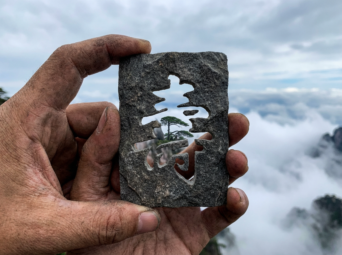 图中展示了一双粗糙且沾有泥垢的手，正小心翼翼地捏着一块长方形的深灰色岩石薄片。这块石片的中心被精细地镂空成一个复杂的汉字形状（形似“寿”字的艺术变体）。透过这个镂空的字样，可以看到背景中远处的黄山奇景：一棵苍劲的迎客松伫立在云海环绕的山巅之上。背景色调以灰白色的云雾和淡蓝的天空为主，构图巧妙地利用了“框景”手法，将宏大的自然景观浓缩在小小的石刻文字中。

然而，画面中存在明显的 AI 生成缺陷：最显著的是左侧的手部结构完全畸形，大拇指与食指的连接处逻辑混乱，且在石片左侧边缘出现了多余的、无法辨认的手指肉块与指甲，看起来像是多只手重叠在了一起。此外，石片中间镂空的文字笔画在透视上与背景的松树结合得过于生硬，缺乏真实的物理遮挡关系，指甲缝中的污垢纹理分布也显得不够自然。